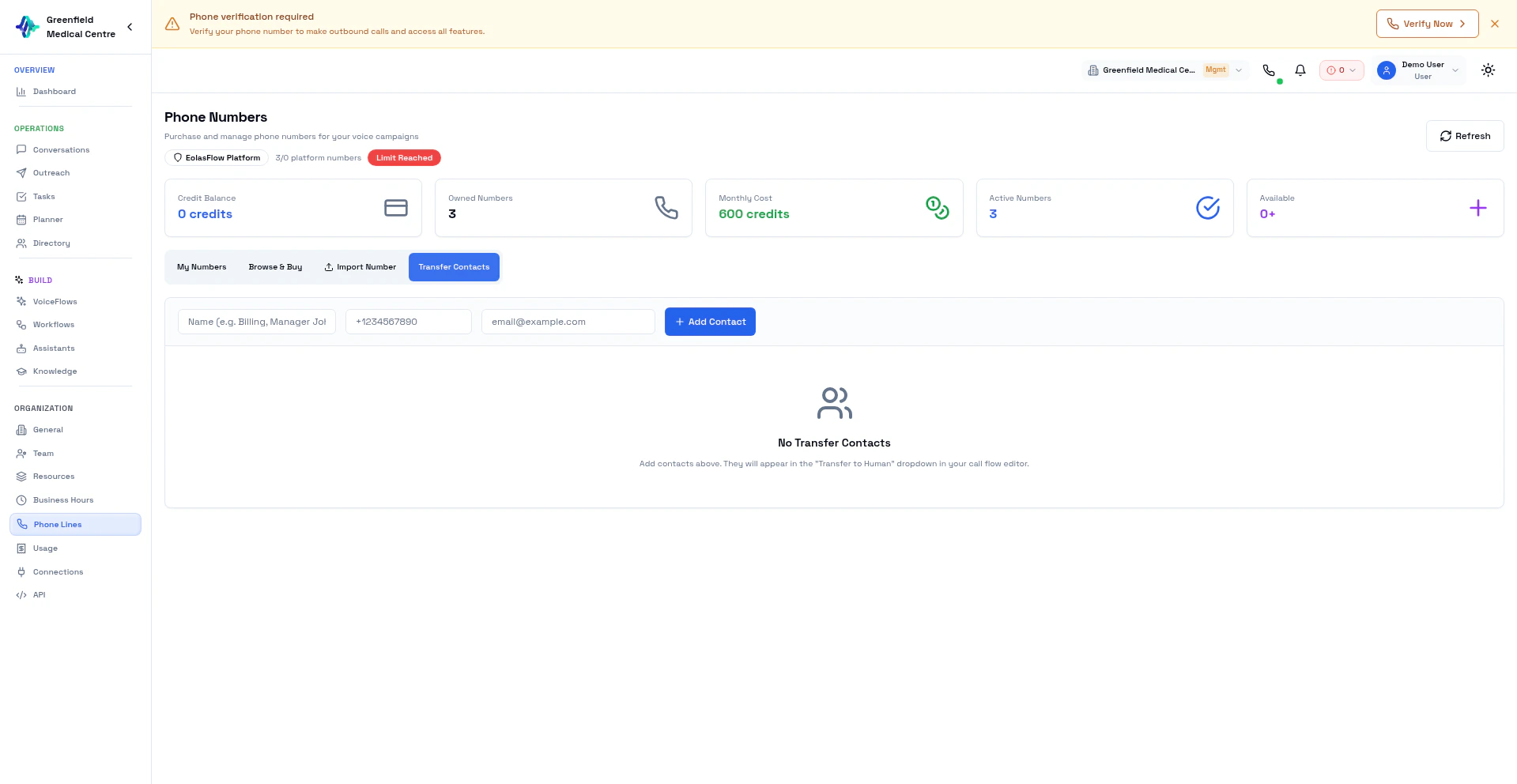 Transfer Contacts — add names and numbers for call transfer destinations