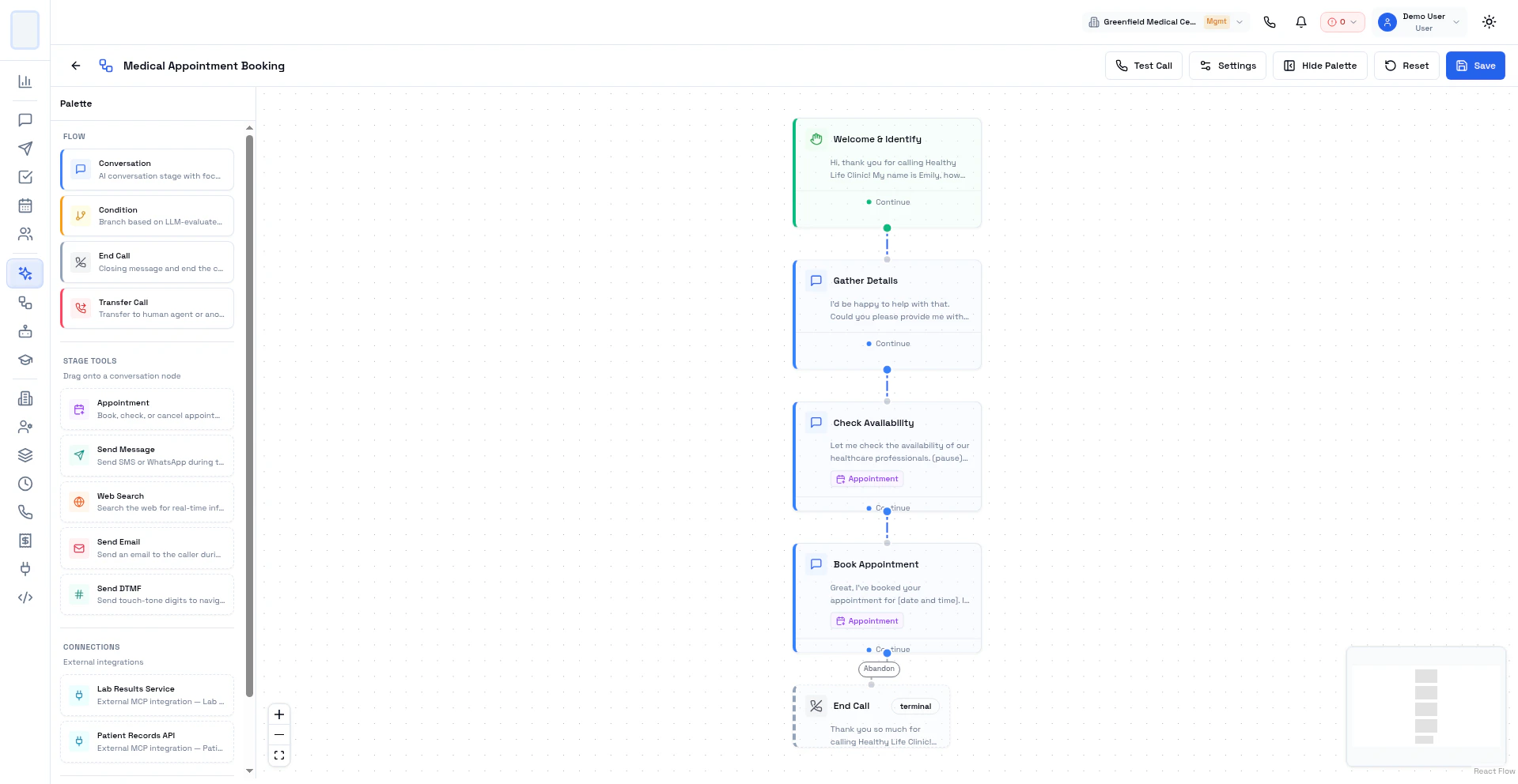 VoiceFlow Studio canvas with conversation flow nodes and transitions