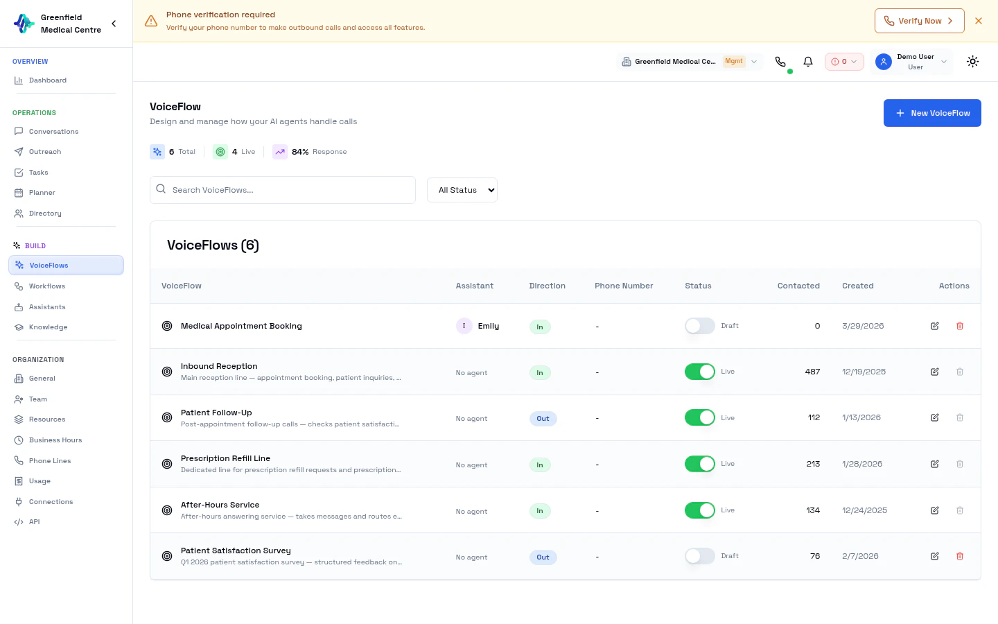 VoiceFlows list showing all AI calling configurations