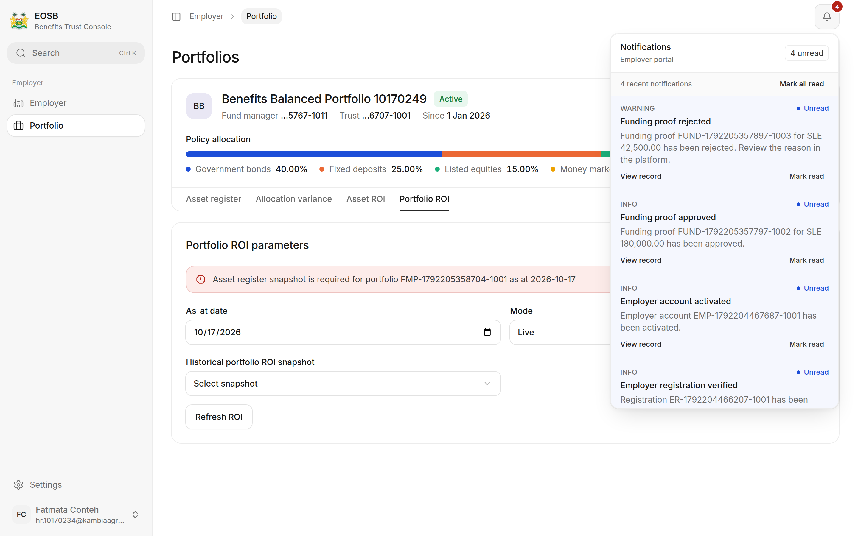 Notifications panel with 4 unread: Funding proof rejected, Funding proof approved, Employer account activated and Employer registration verified