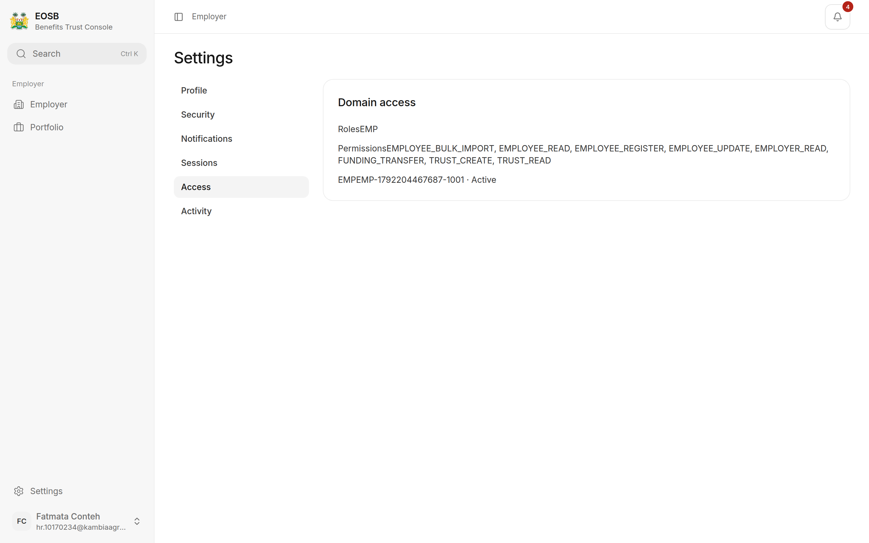 Domain access showing role EMP, the permission list and the employer profile ID