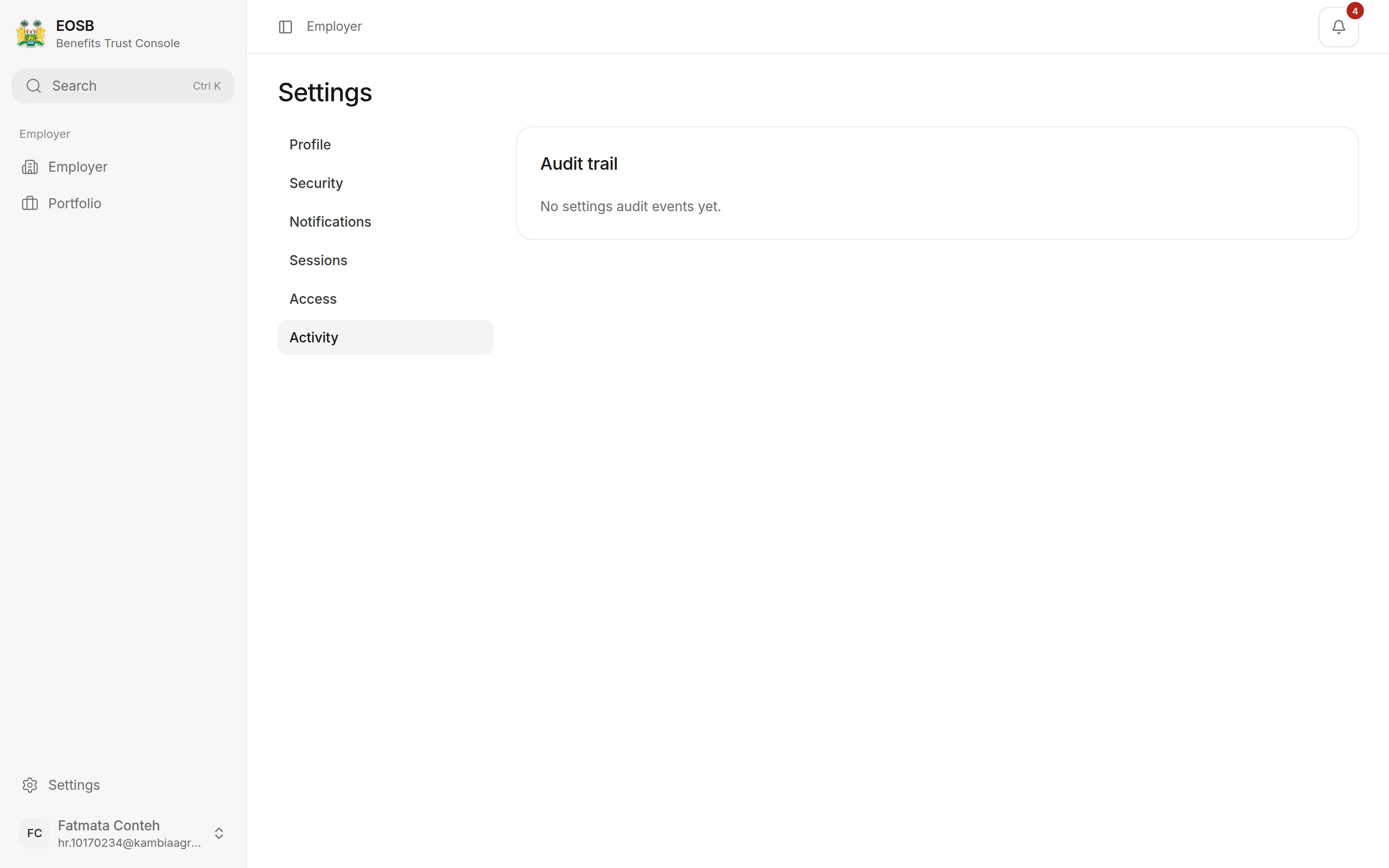 Audit trail with No settings audit events yet.