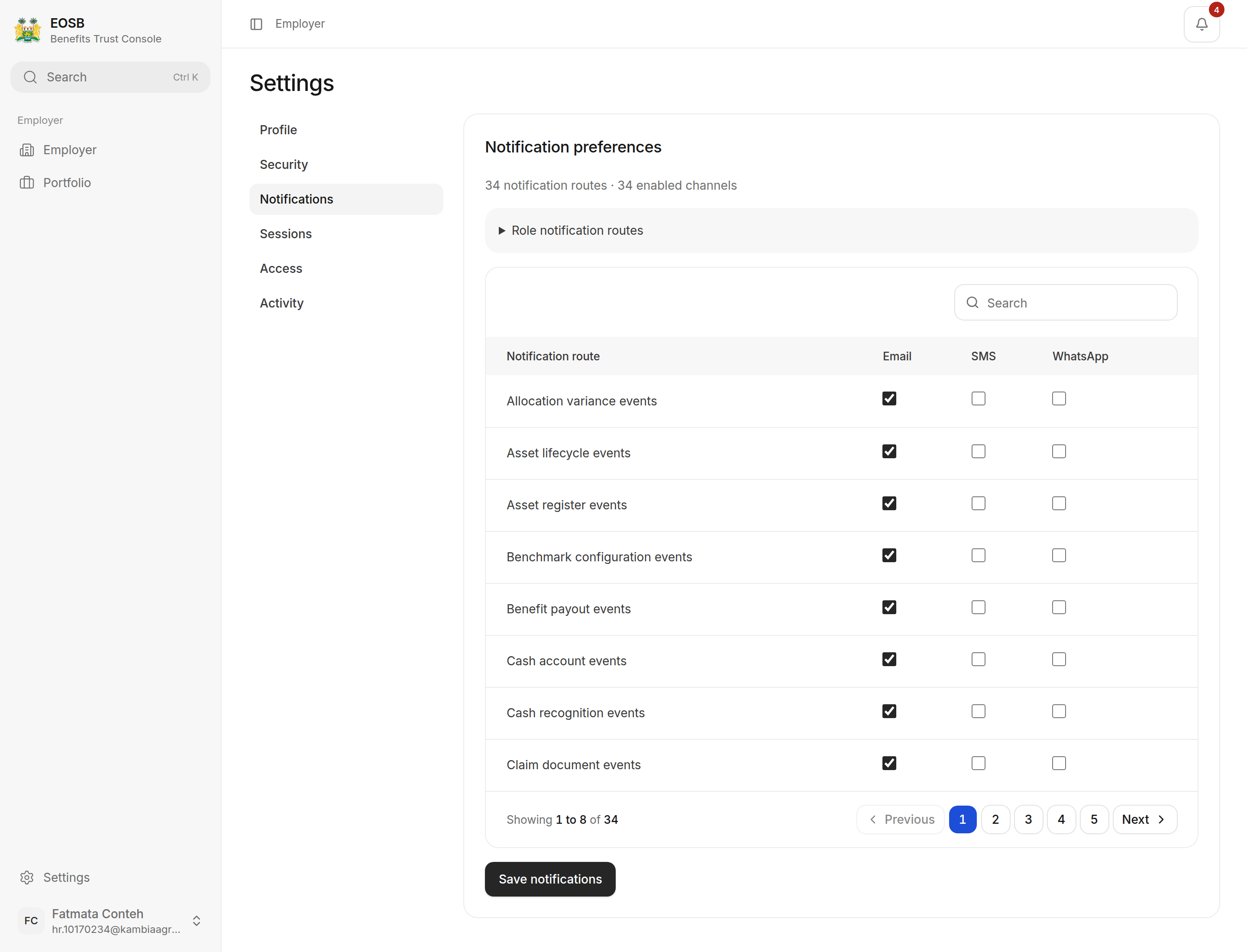 Notification preferences table with Email, SMS and WhatsApp columns and Save notifications button