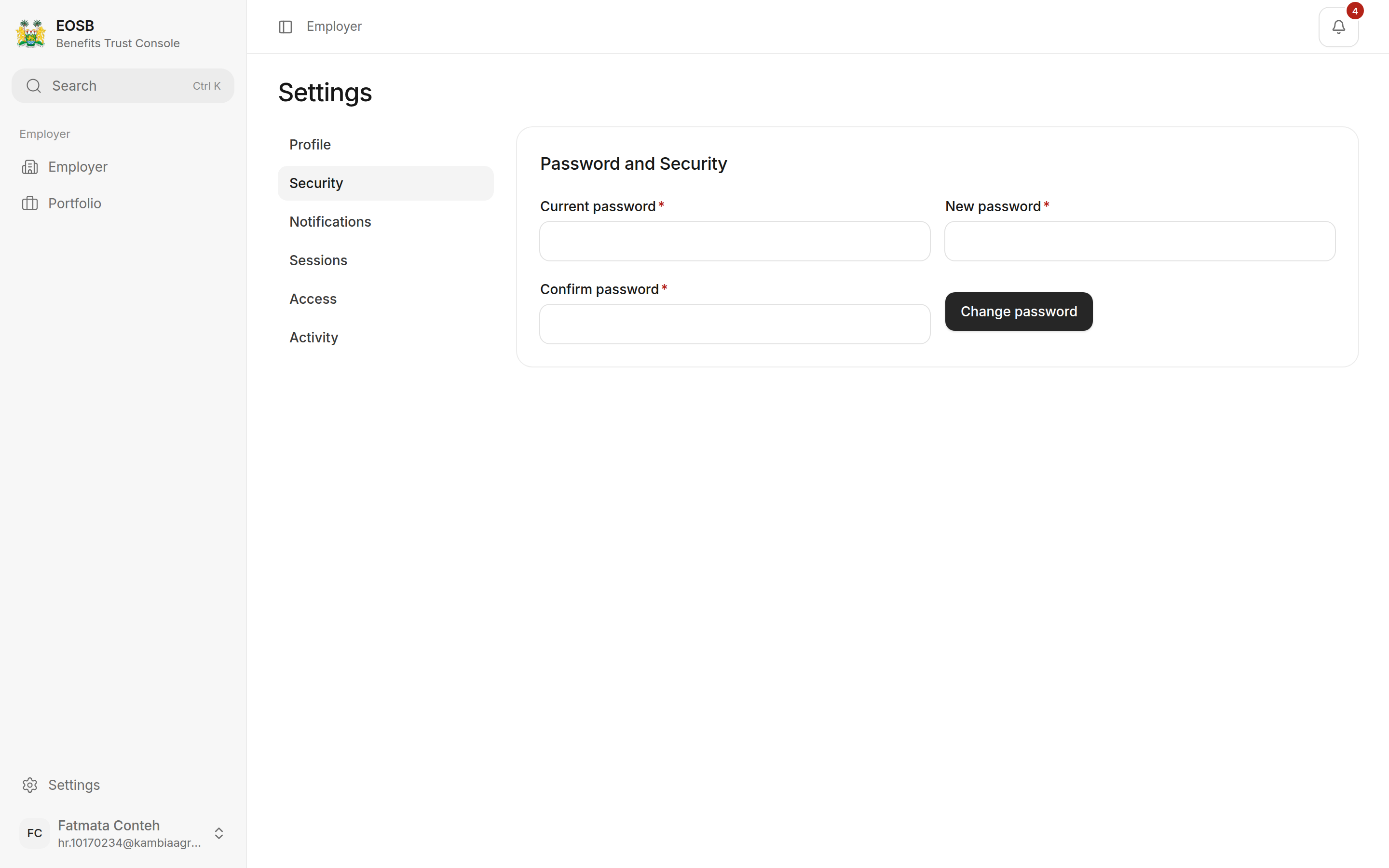 Password and Security form with current, new and confirm password fields and Change password button
