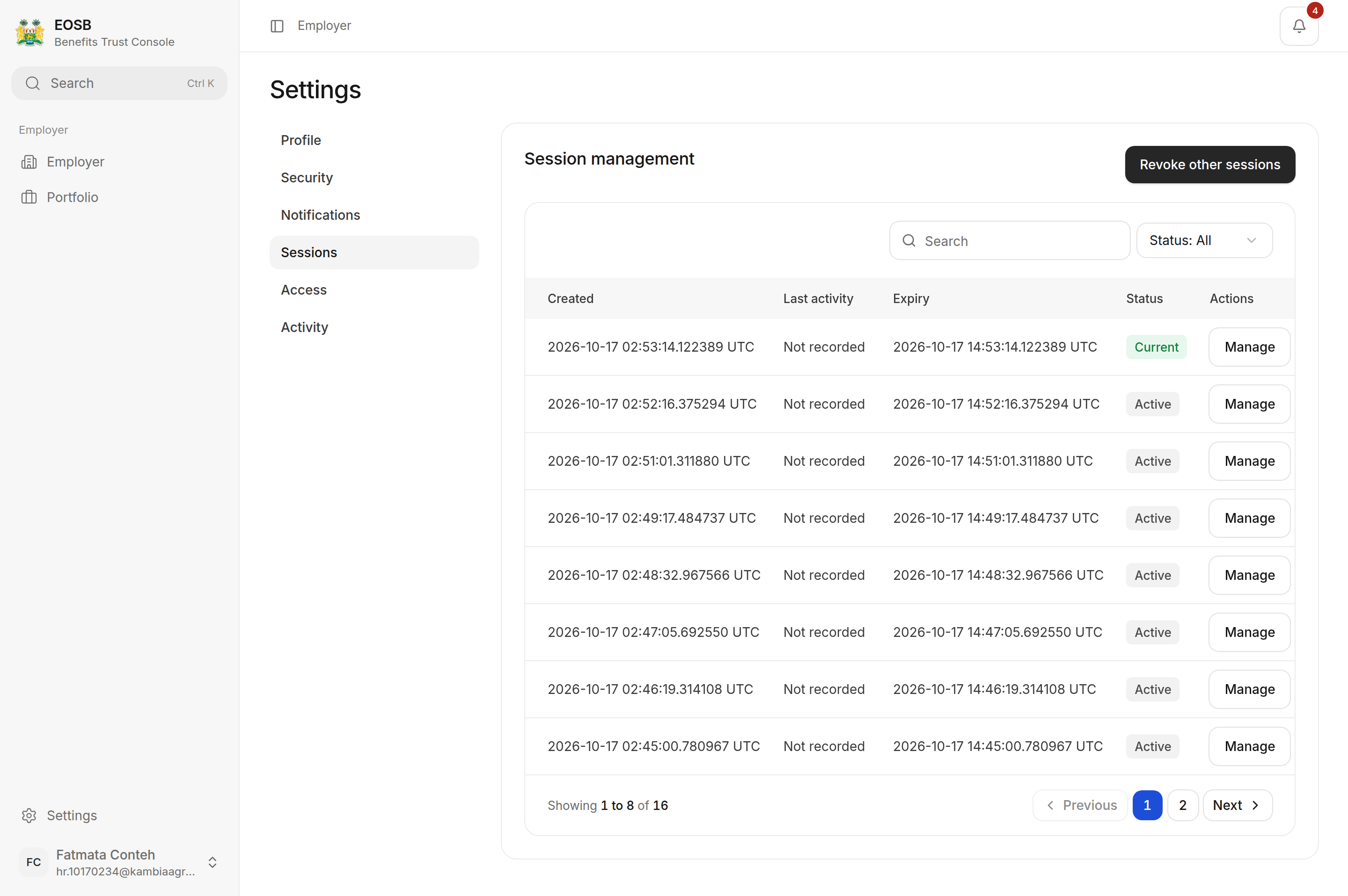Session management table with Current and Active sessions and the Revoke other sessions button