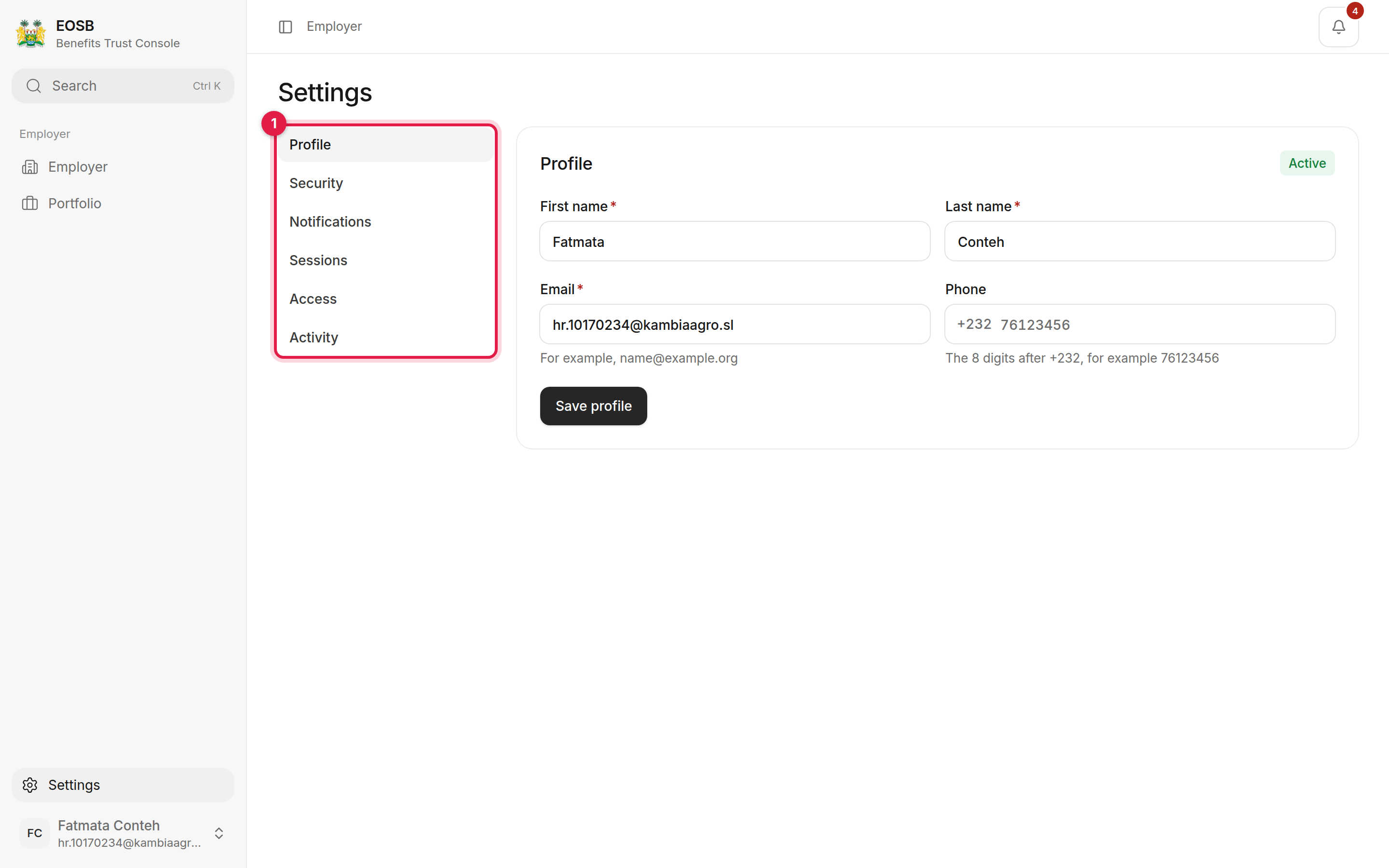 Settings page with the section list marked 1 and the Profile form