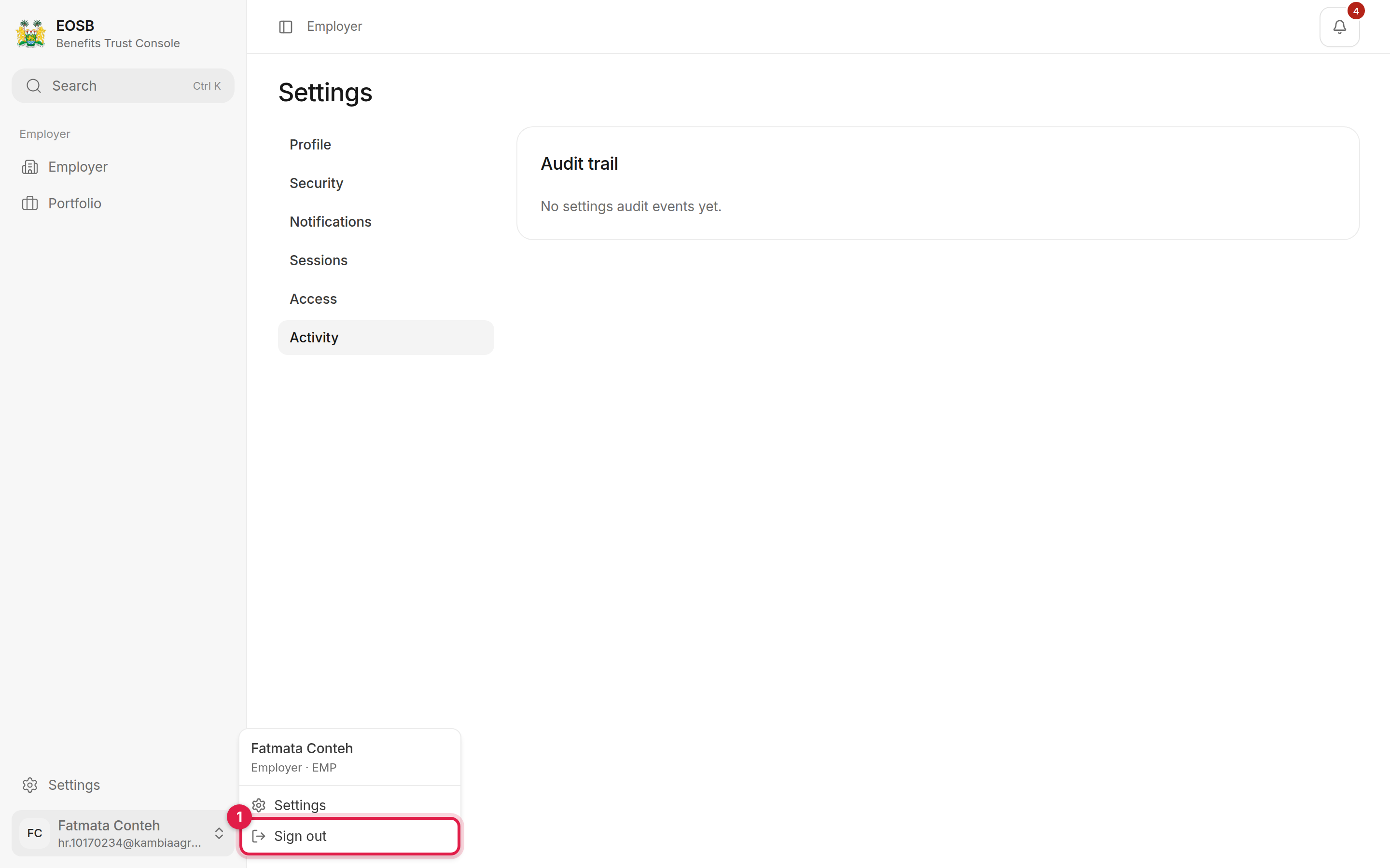 User menu showing Fatmata Conteh, Employer EMP, Settings and Sign out marked 1