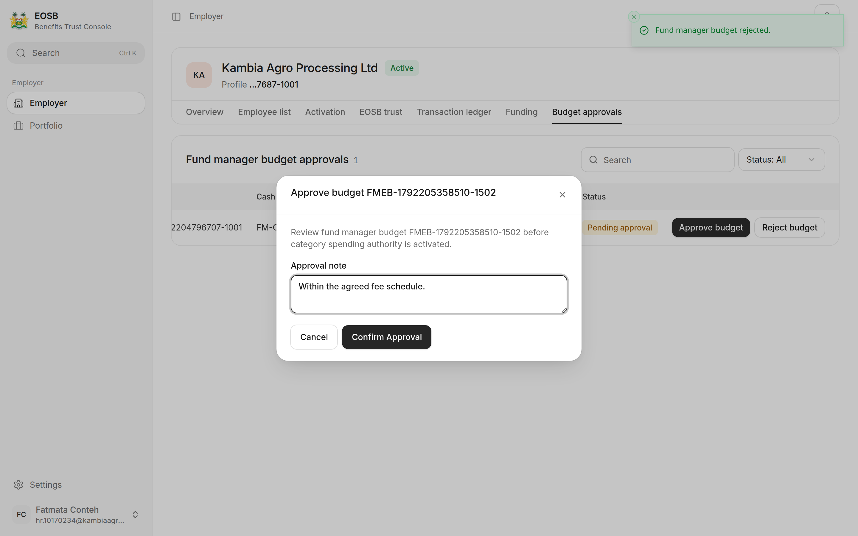 Approve budget dialog with an approval note and Confirm Approval marked 1