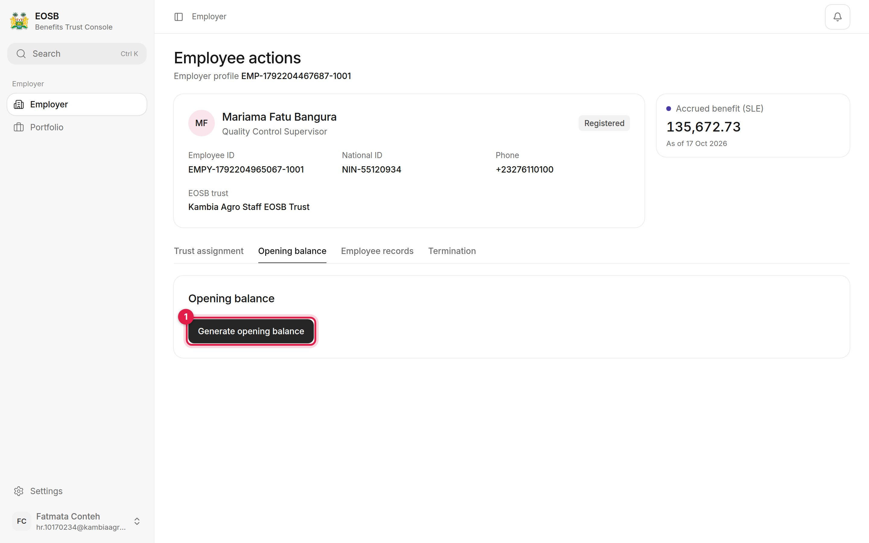 Opening balance tab with the Generate opening balance button marked 1