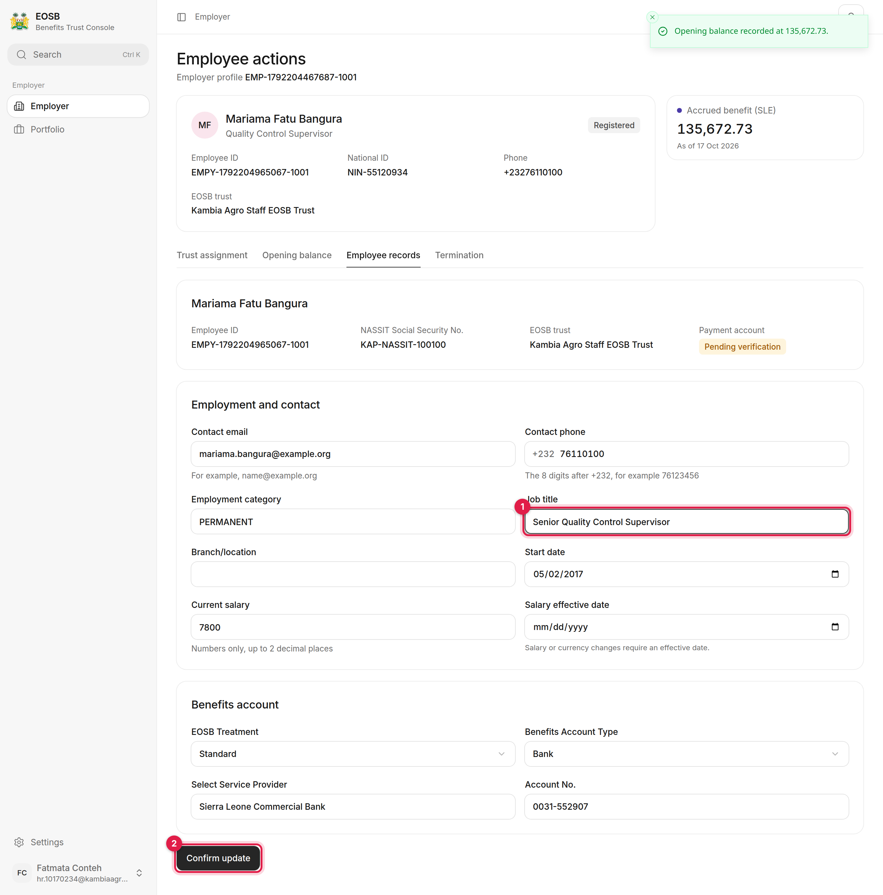 Job title changed to Senior Quality Control Supervisor, marked 1, and Confirm update marked 2
