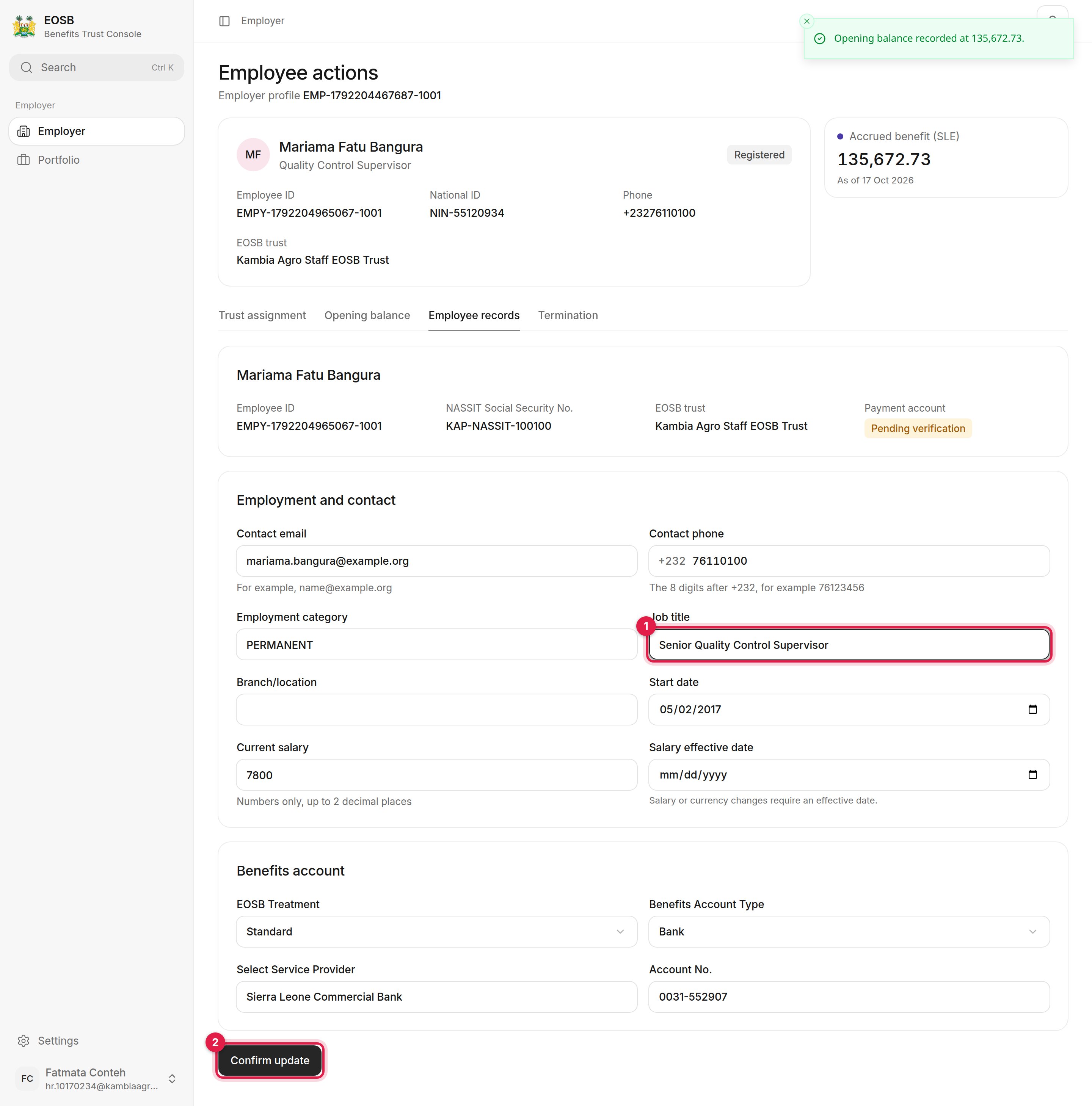 Job title changed to Senior Quality Control Supervisor, marked 1, and Confirm update marked 2