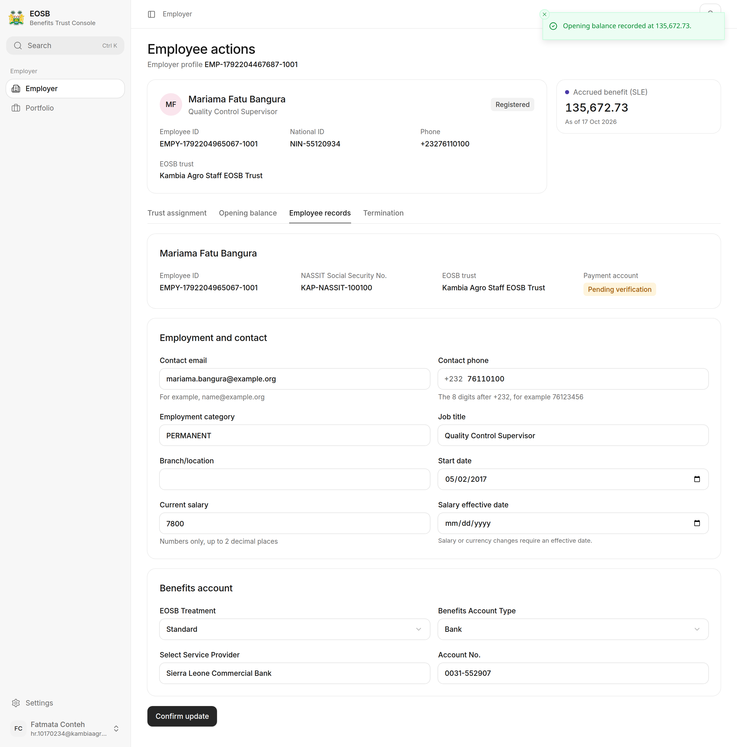 Employee records tab with the fixed details at the top, Employment and contact fields, and Benefits account fields