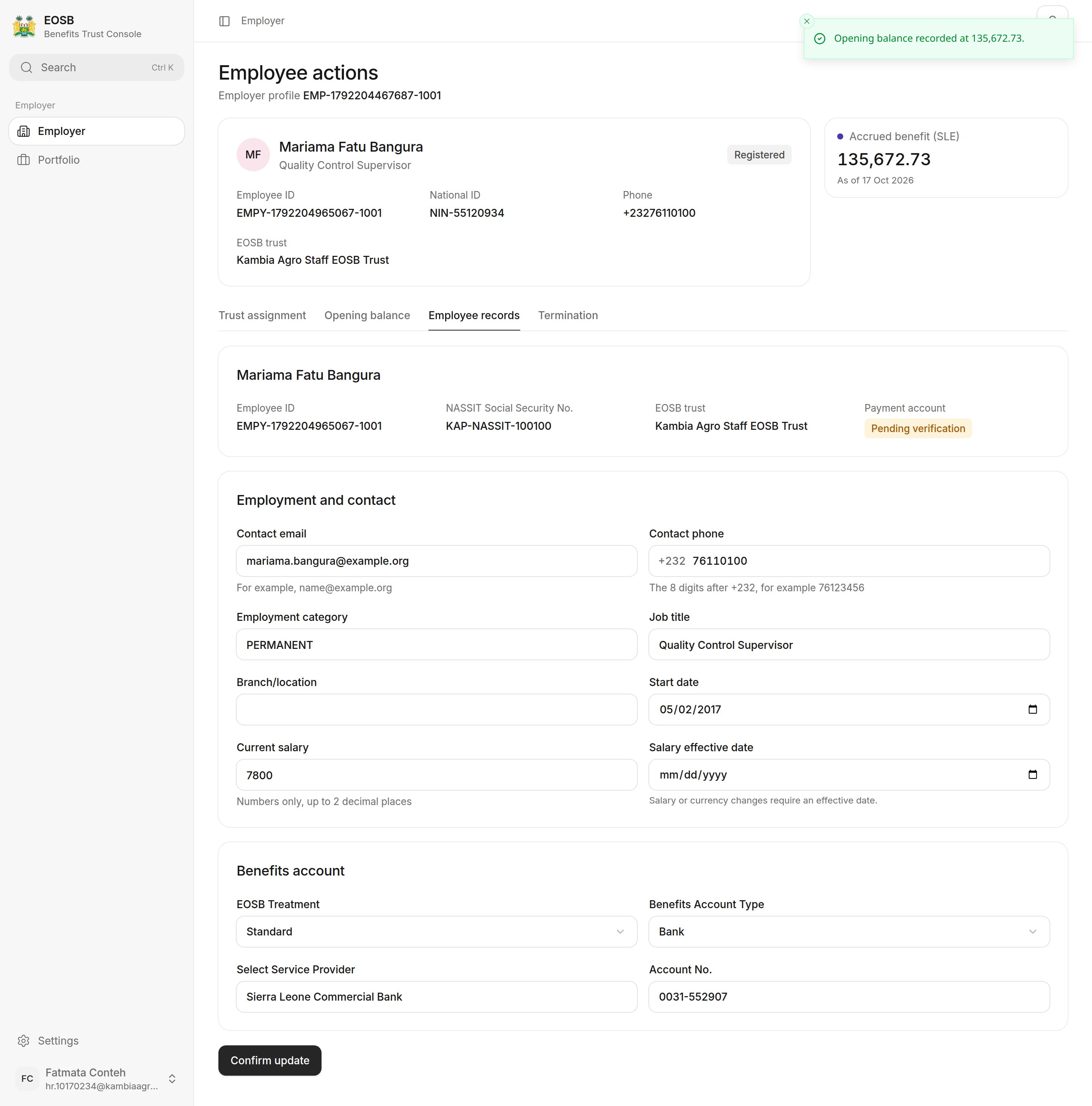 Employee records tab with the fixed details at the top, Employment and contact fields, and Benefits account fields