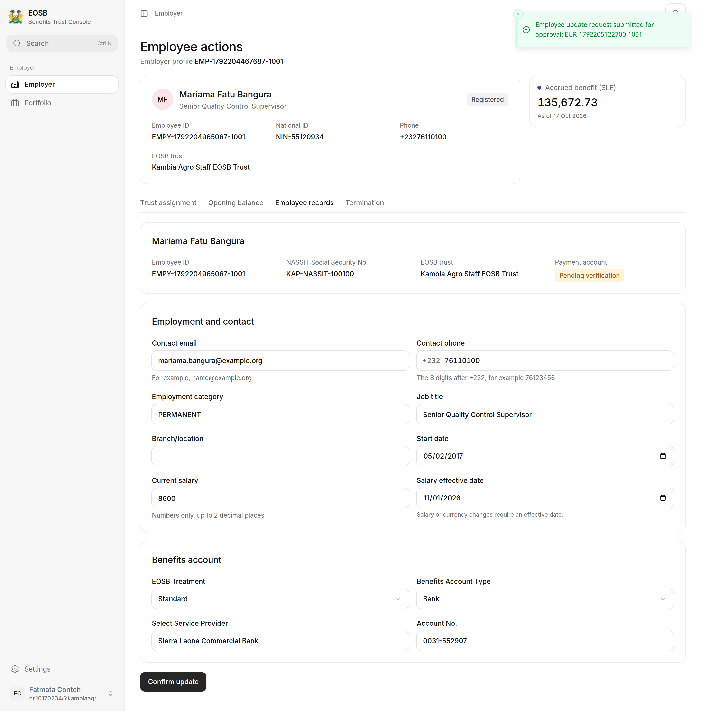 Message: Employee update request submitted for approval: EUR-1792205122700-1001