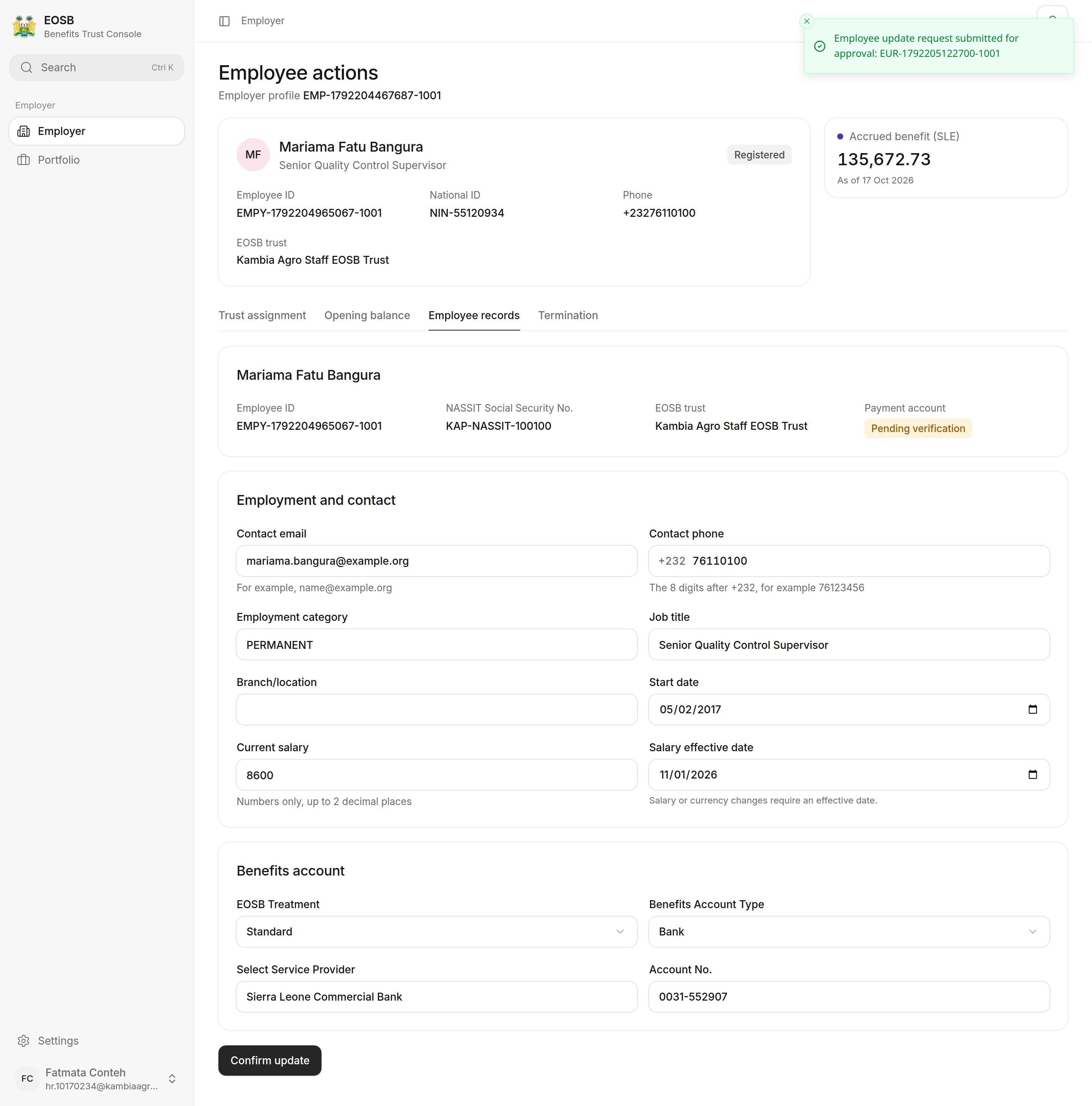 Message: Employee update request submitted for approval: EUR-1792205122700-1001
