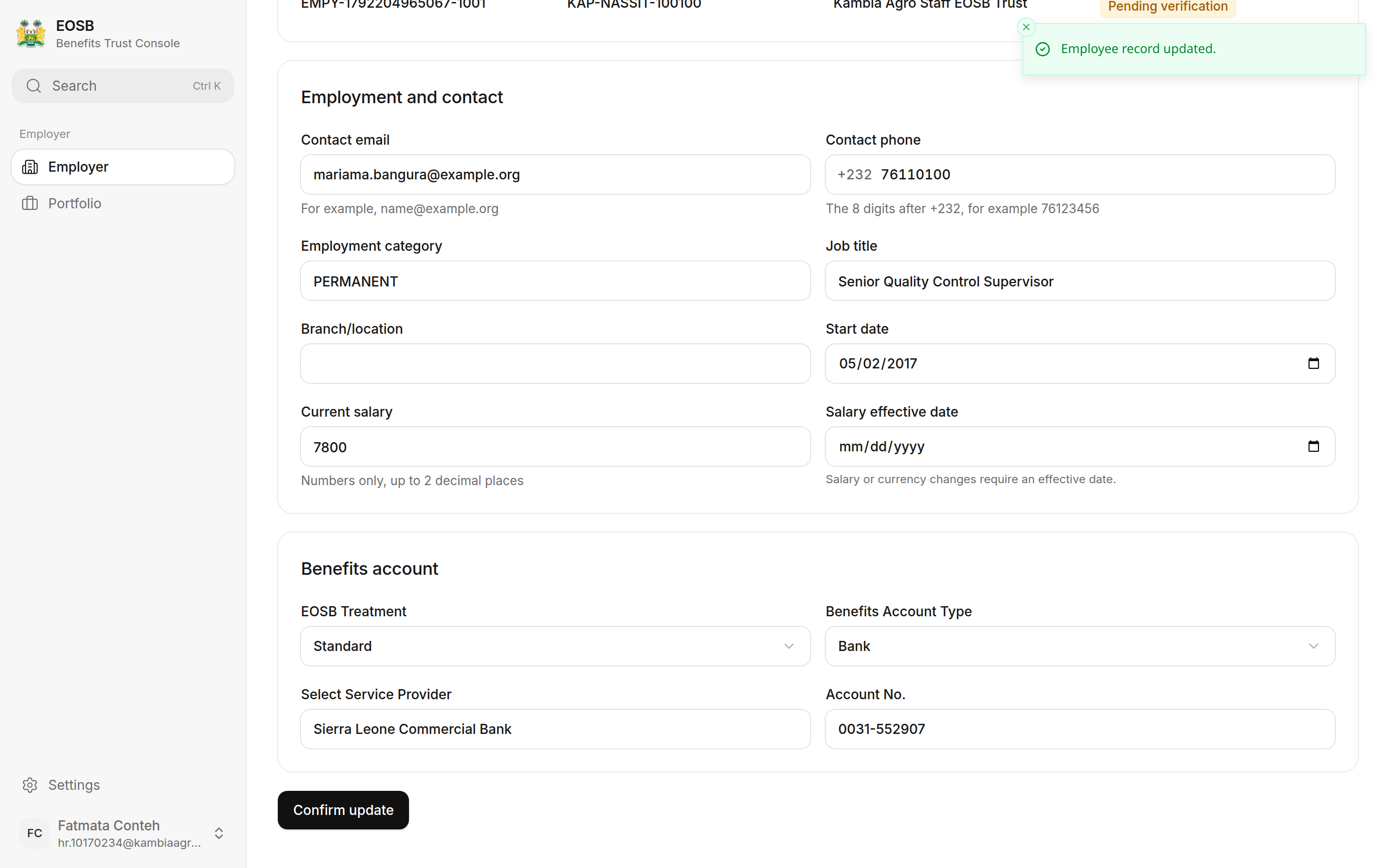 Message: Employee record updated.