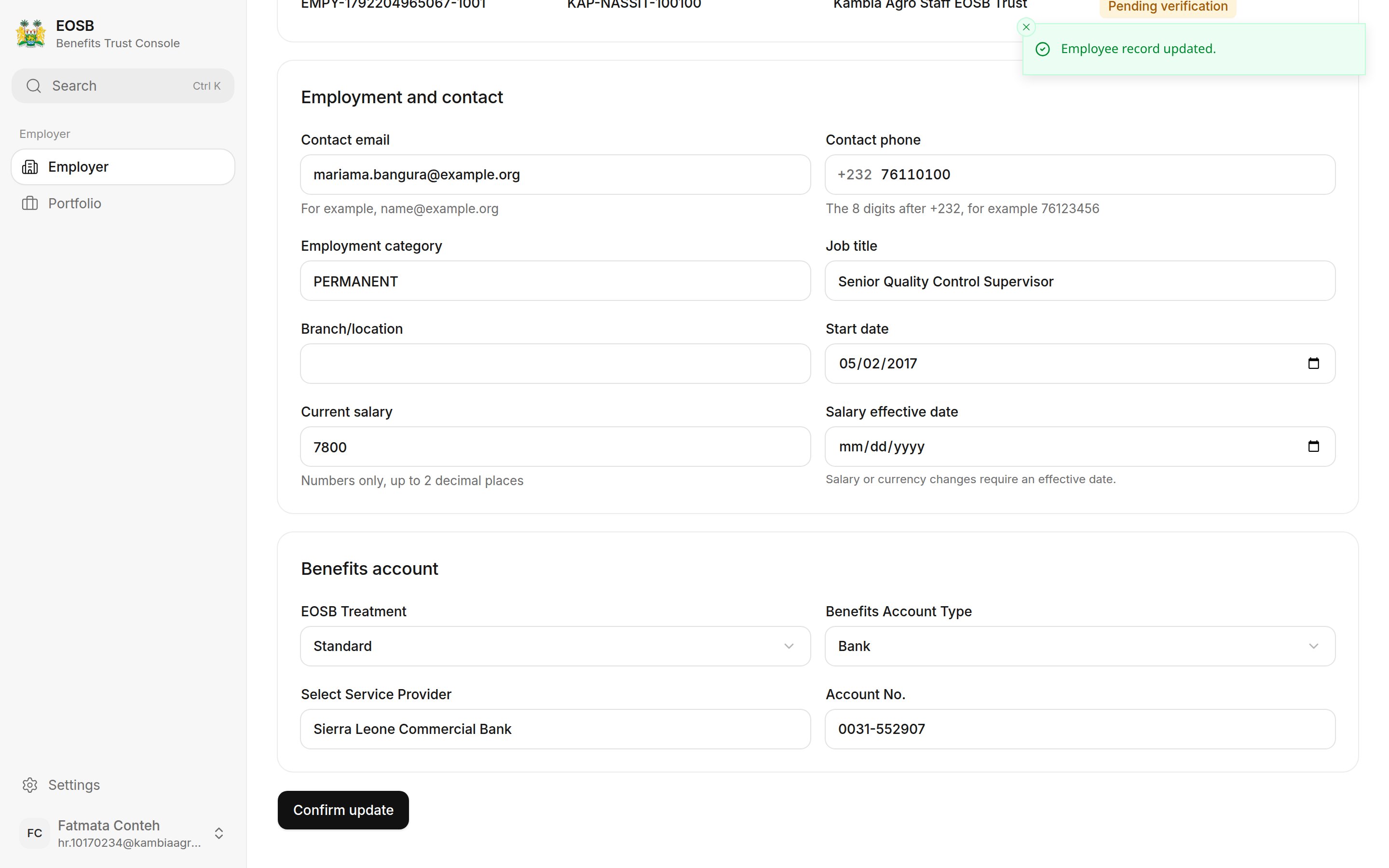 Message: Employee record updated.