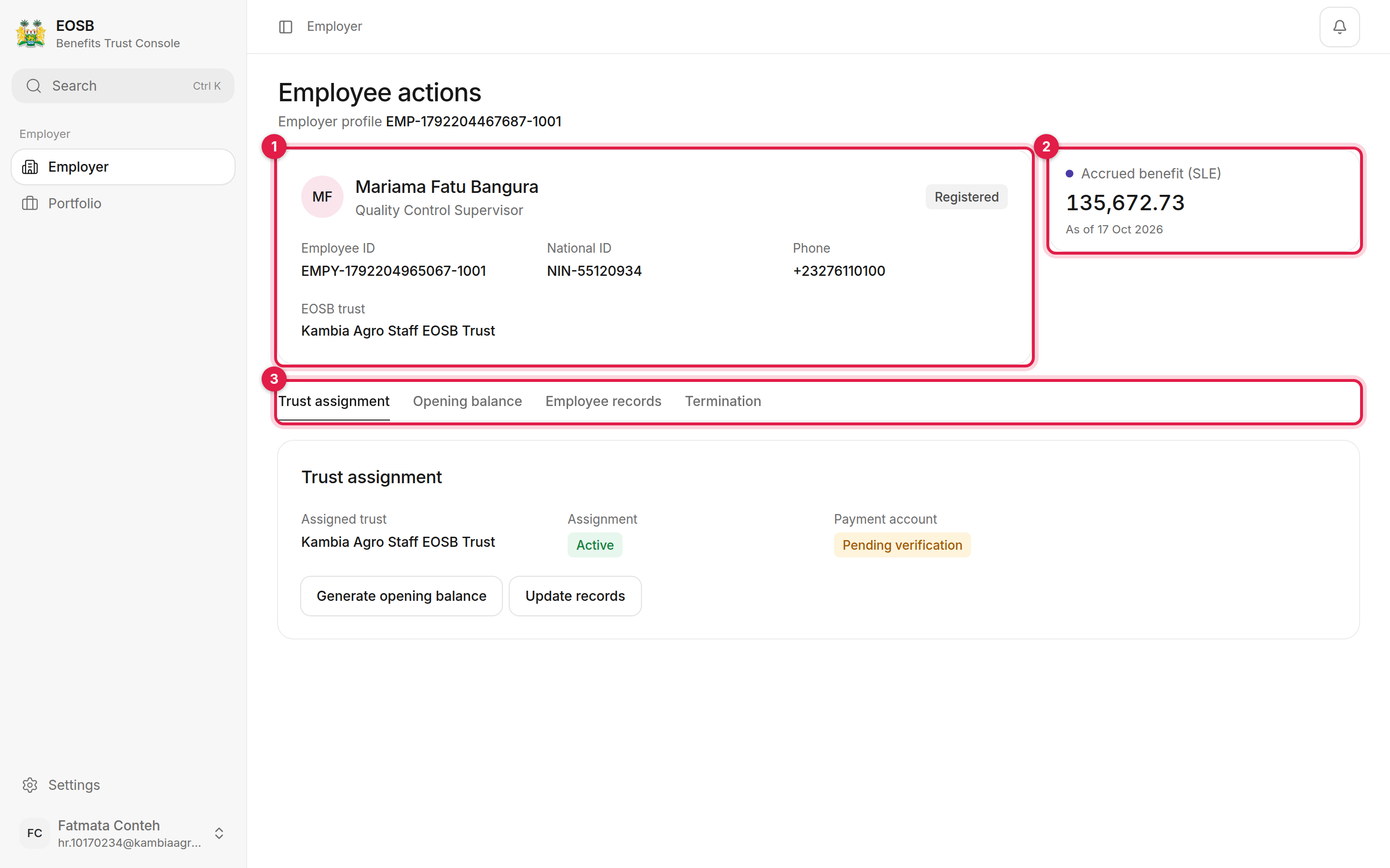 Employee actions page with the employee summary, the accrued benefit and the task tabs marked 1 to 3