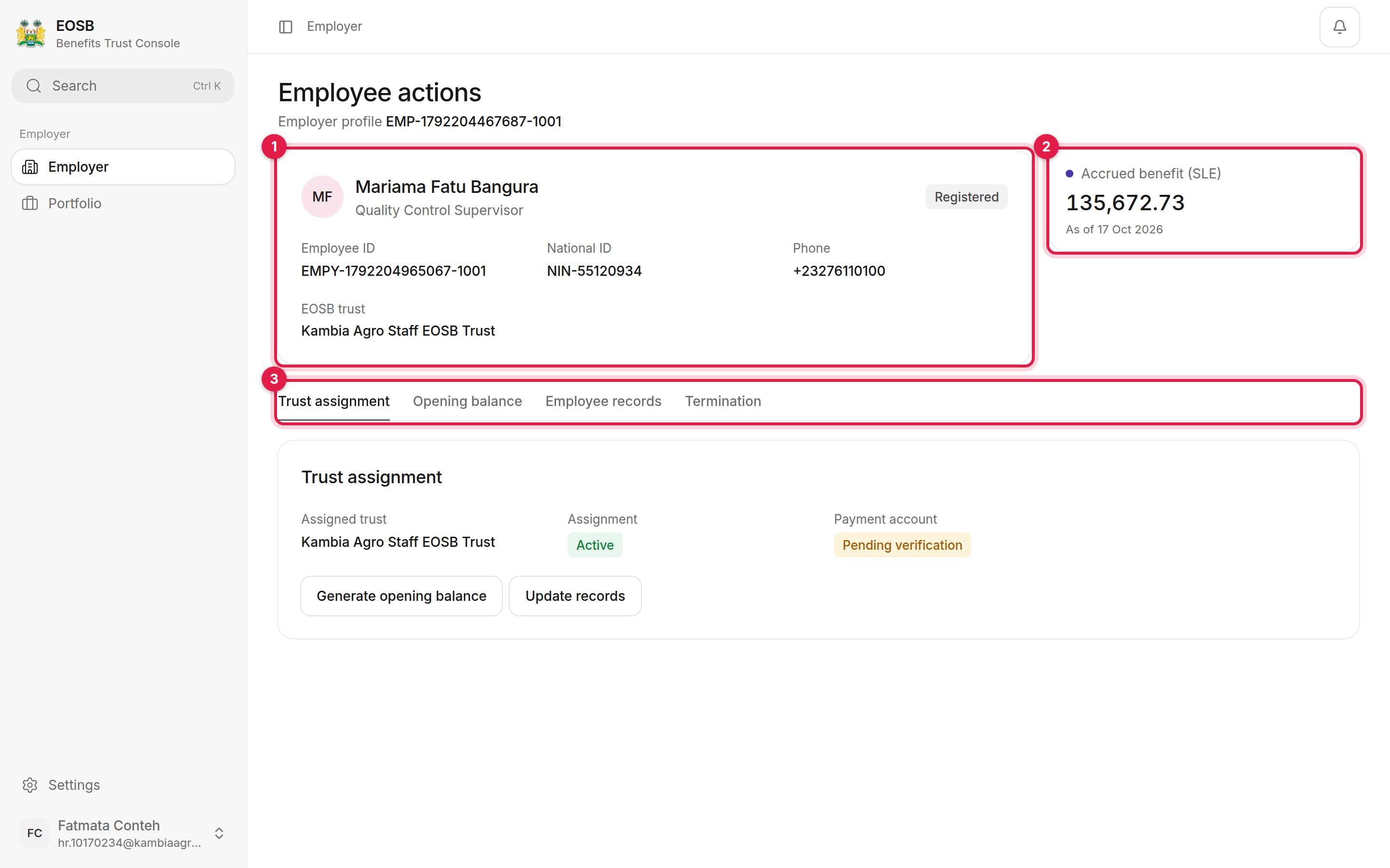 Employee actions page with the employee summary, the accrued benefit and the task tabs marked 1 to 3
