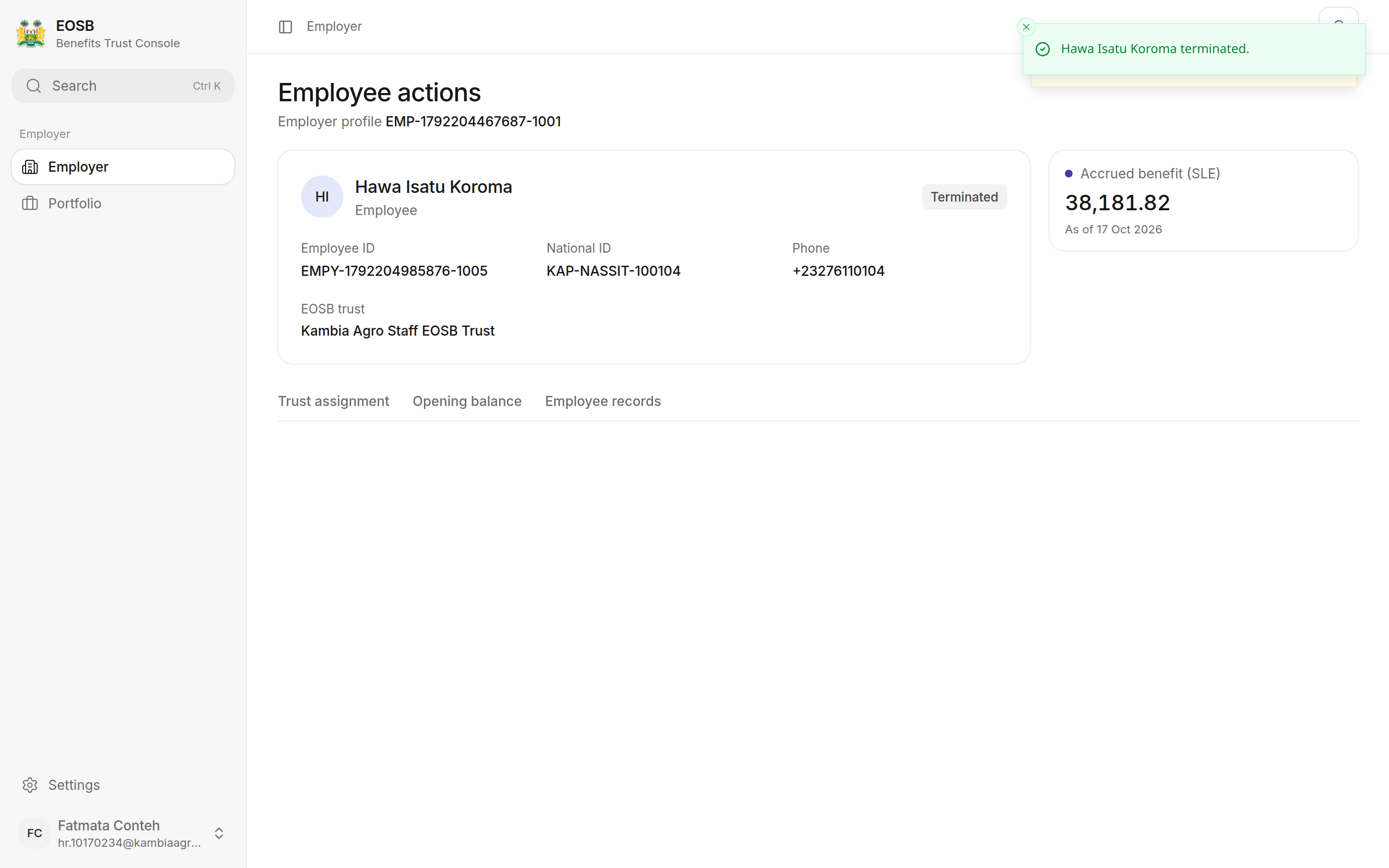 Employee record with status Terminated and the message Hawa Isatu Koroma terminated.