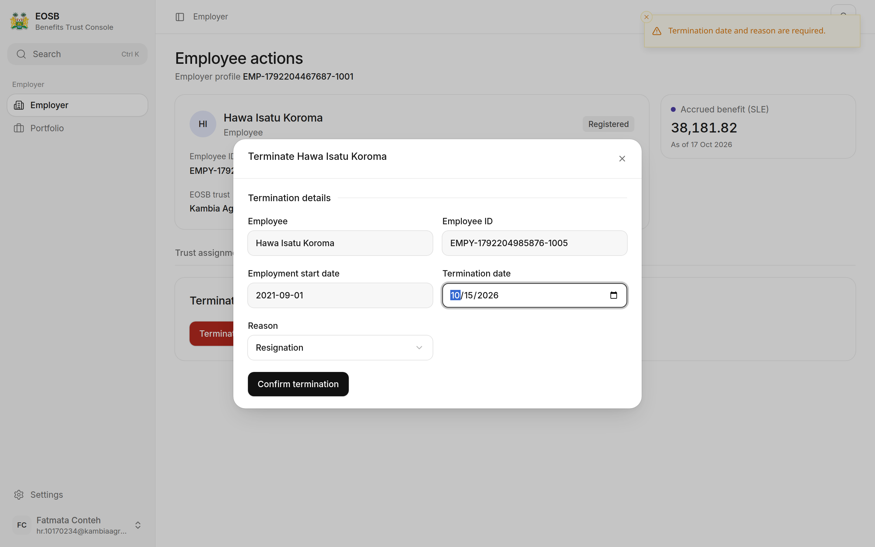 Terminate dialog with Termination date marked 1, Reason marked 2 and Confirm termination marked 3