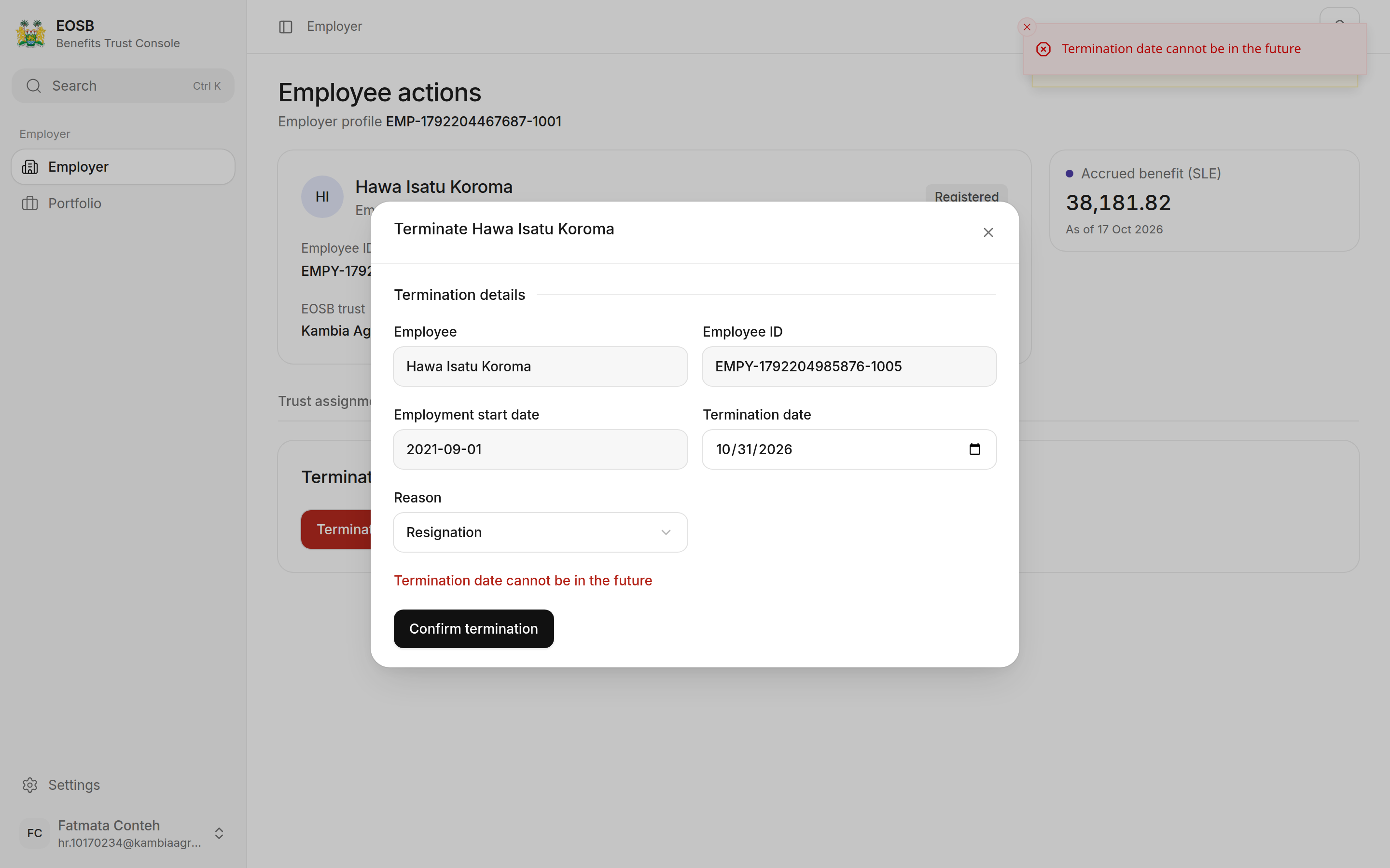 Error: Termination date cannot be in the future