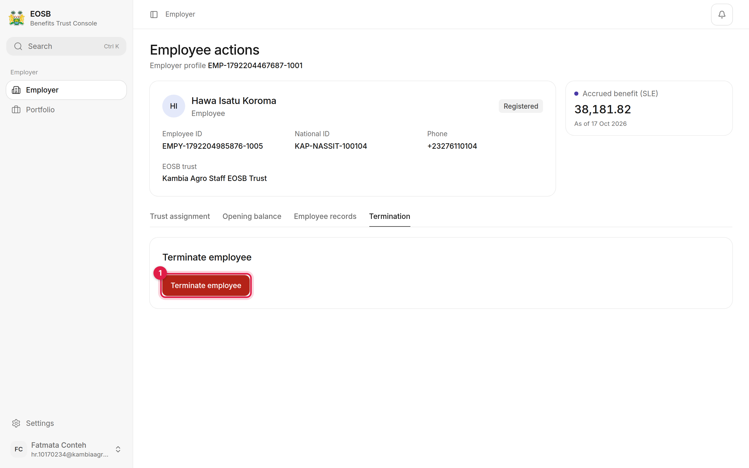 Termination tab with the red Terminate employee button marked 1
