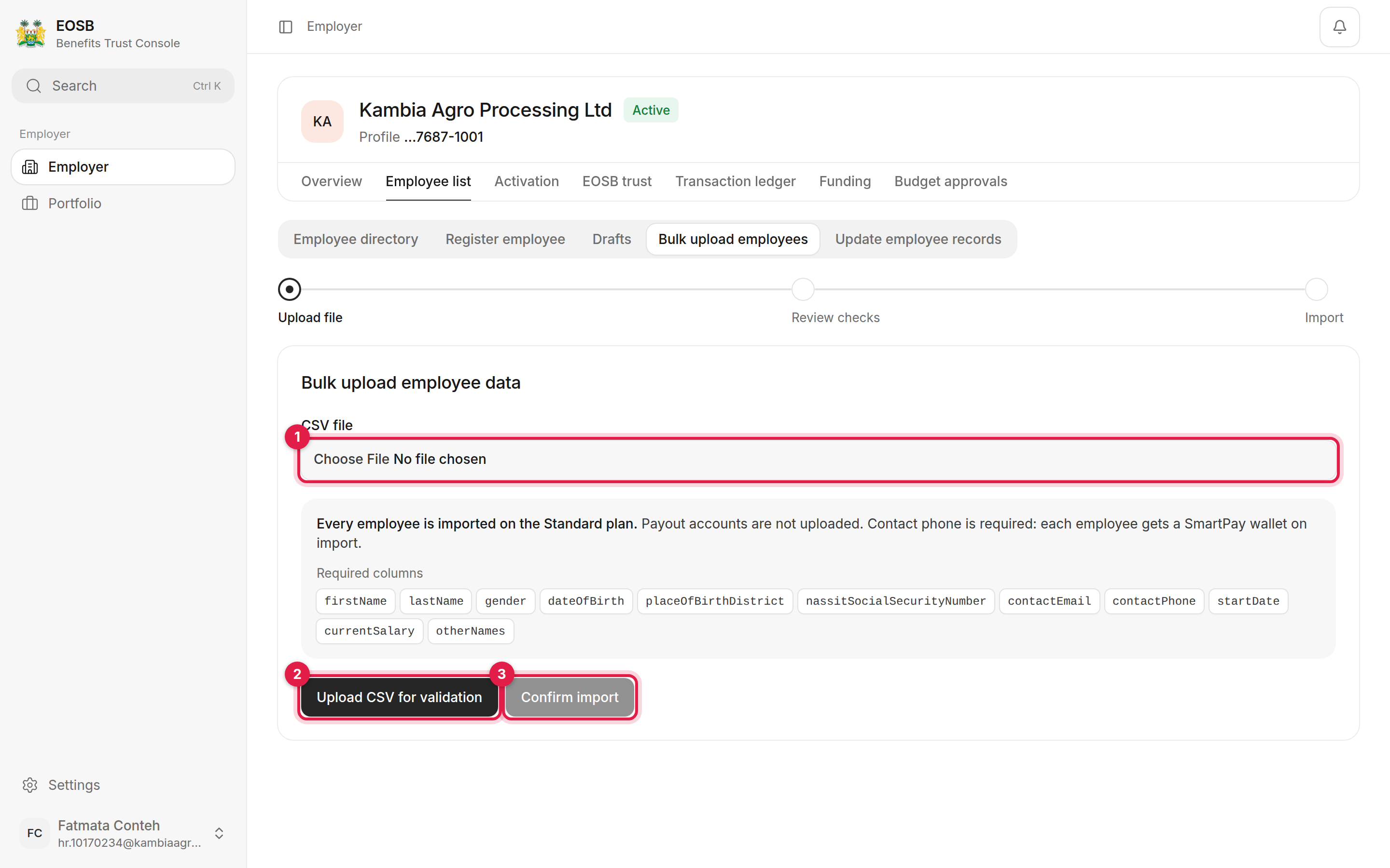 Bulk upload page with the CSV file field, Upload CSV for validation and Confirm import buttons marked 1 to 3
