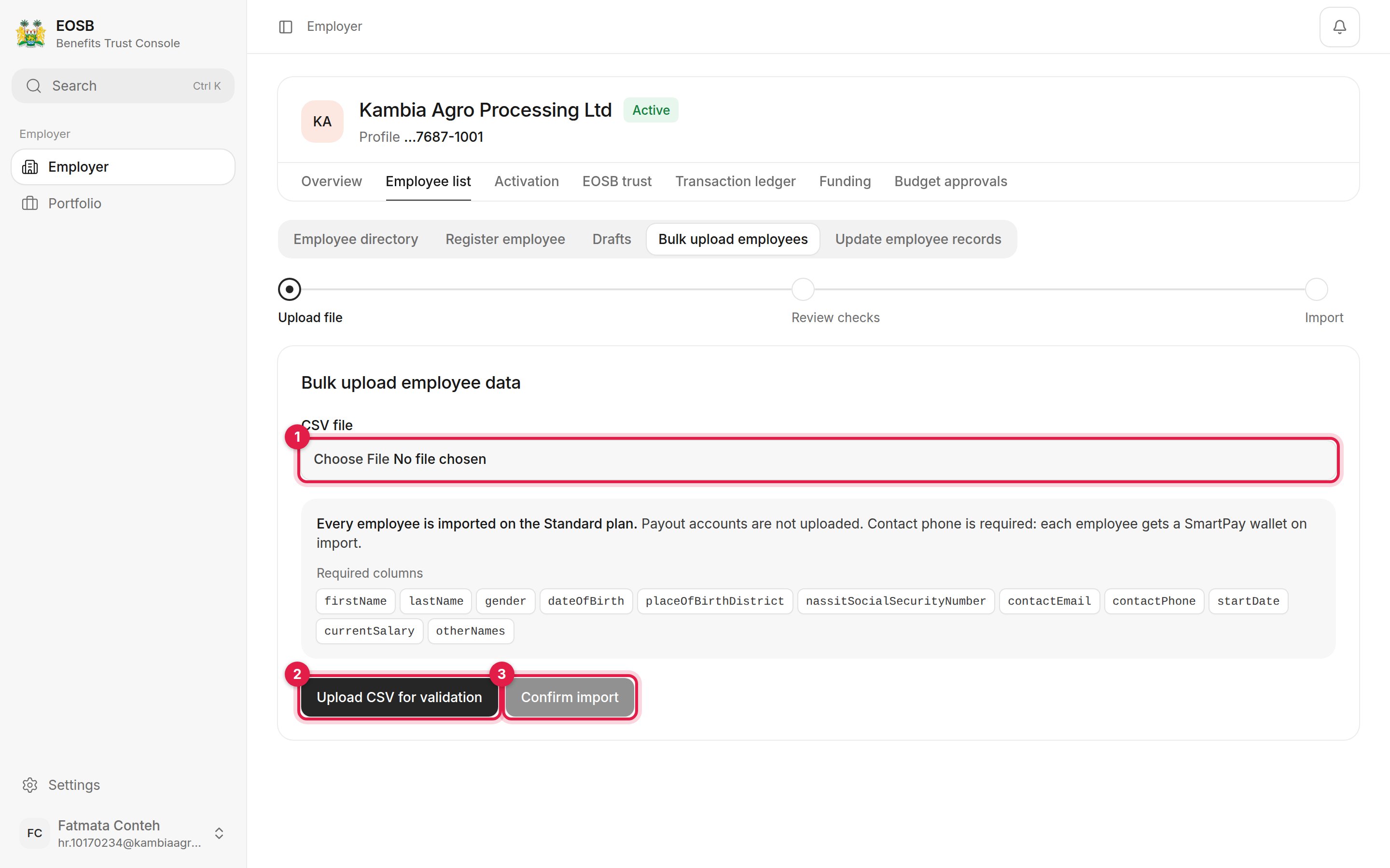 Bulk upload page with the CSV file field, Upload CSV for validation and Confirm import buttons marked 1 to 3