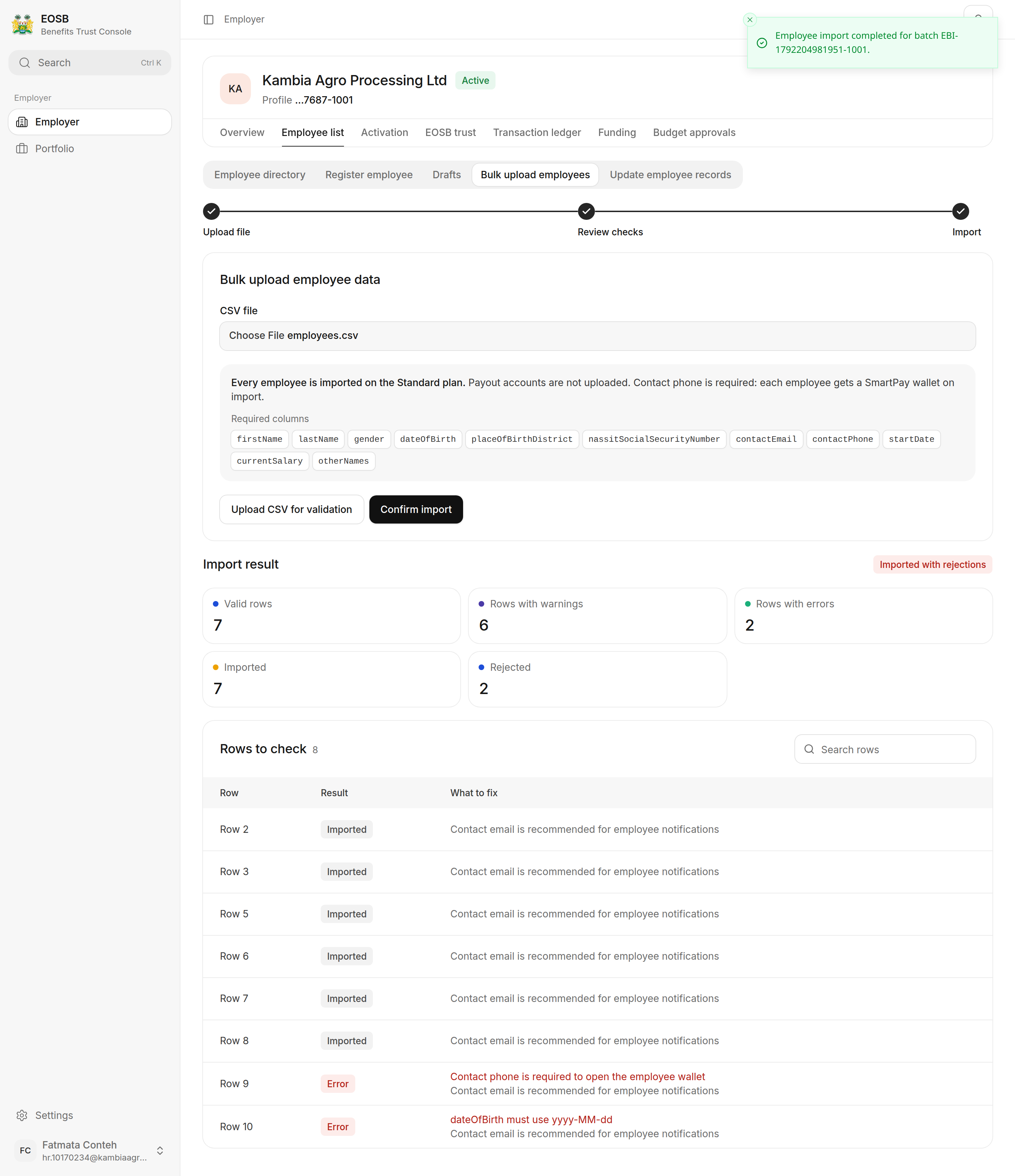 Import result: Imported 7, Rejected 2, status Imported with rejections