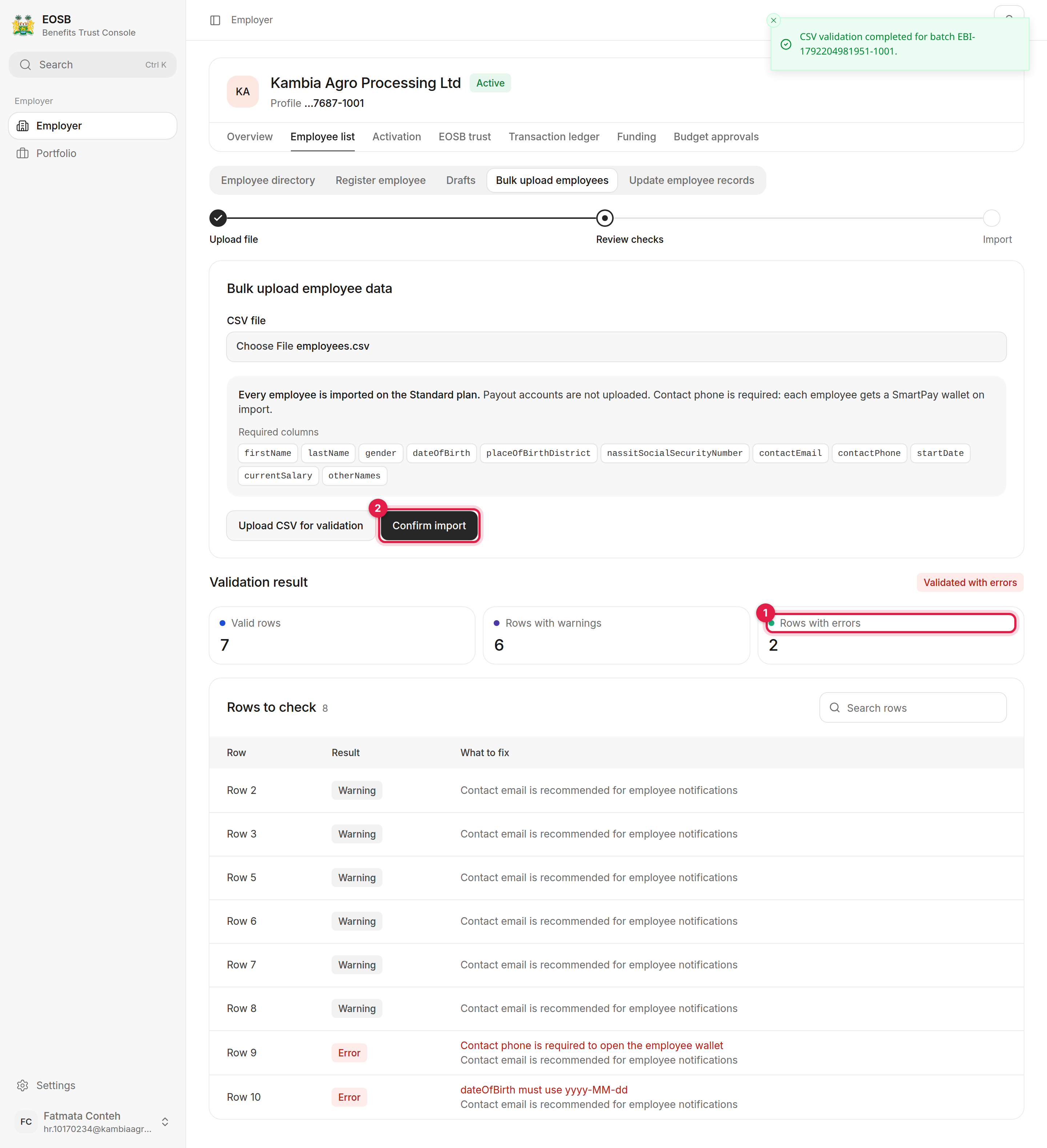 Validation result: 7 valid rows, 6 rows with warnings, 2 rows with errors, and a Rows to check table