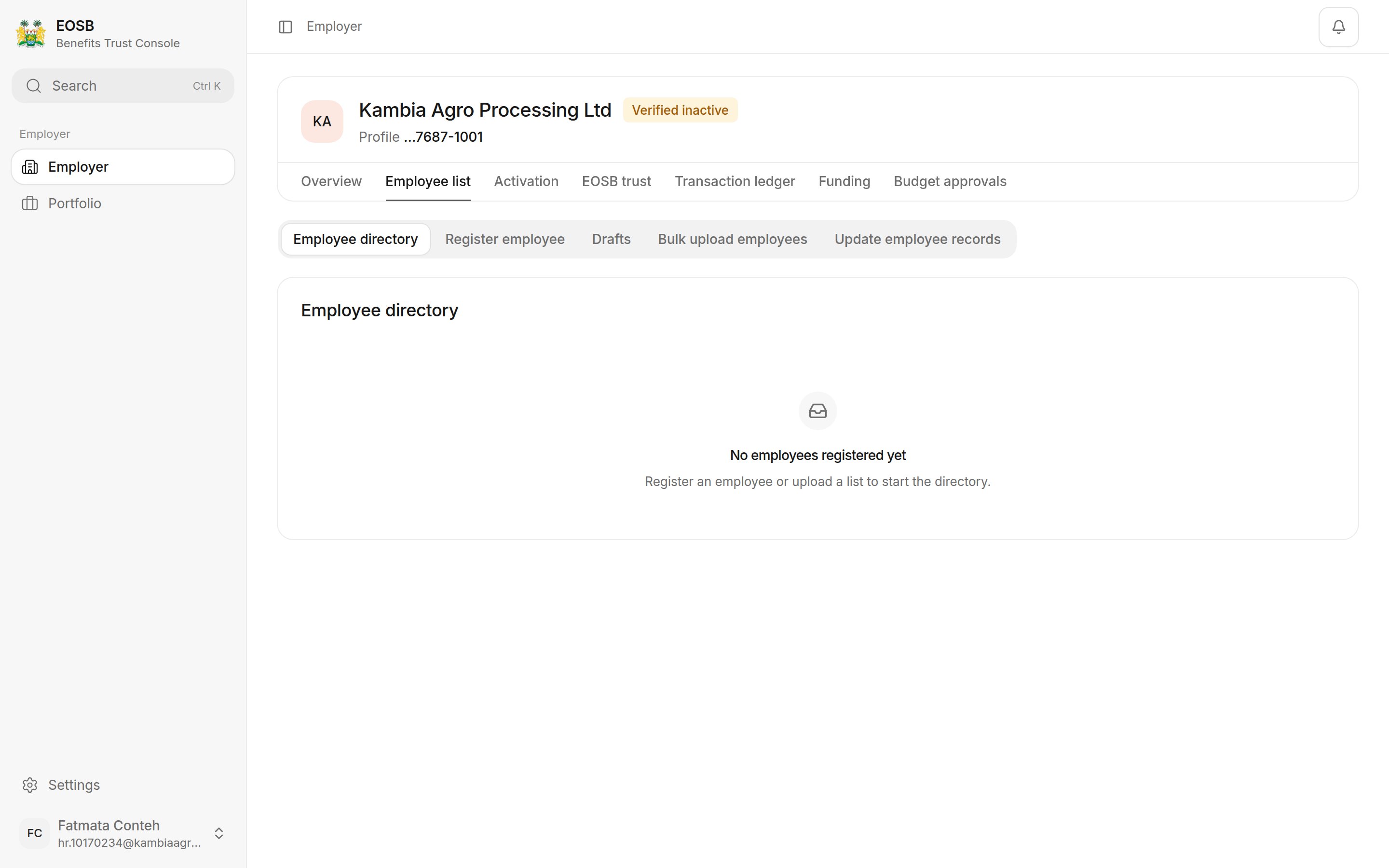 Employee directory with the message No employees registered yet