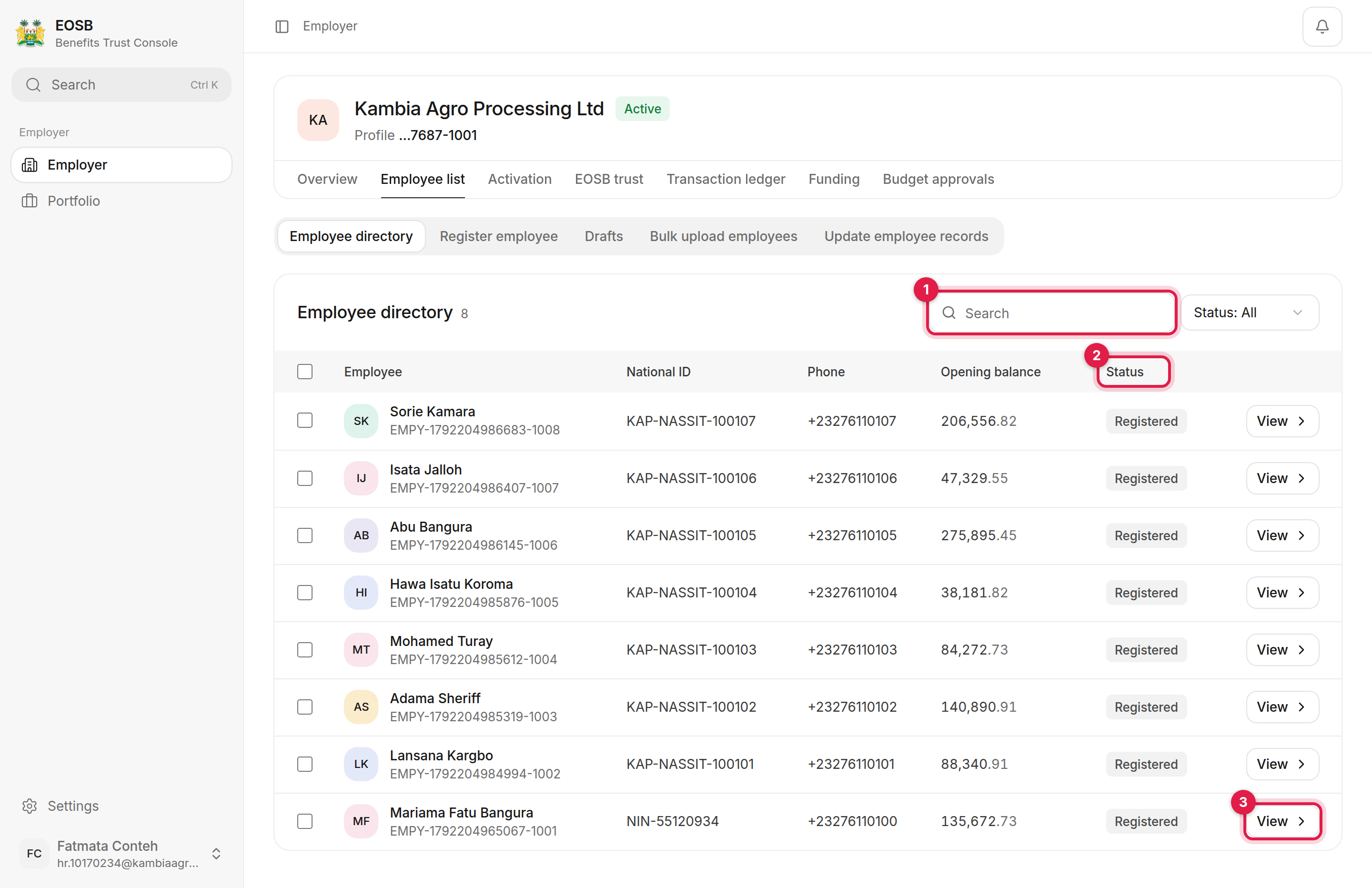 Employee directory with the search box, status filter and a View button marked 1 to 3