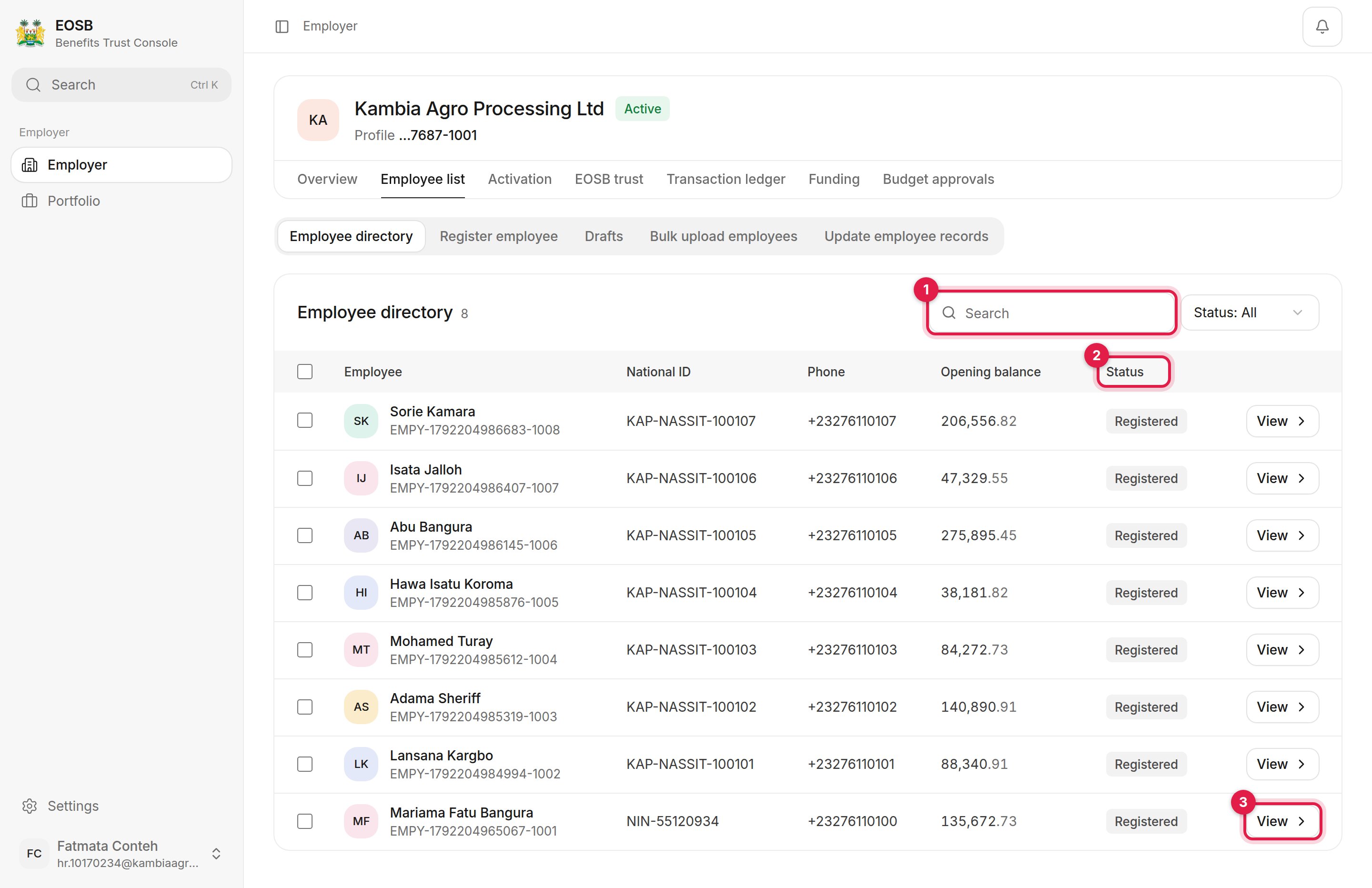 Employee directory with the search box, status filter and a View button marked 1 to 3