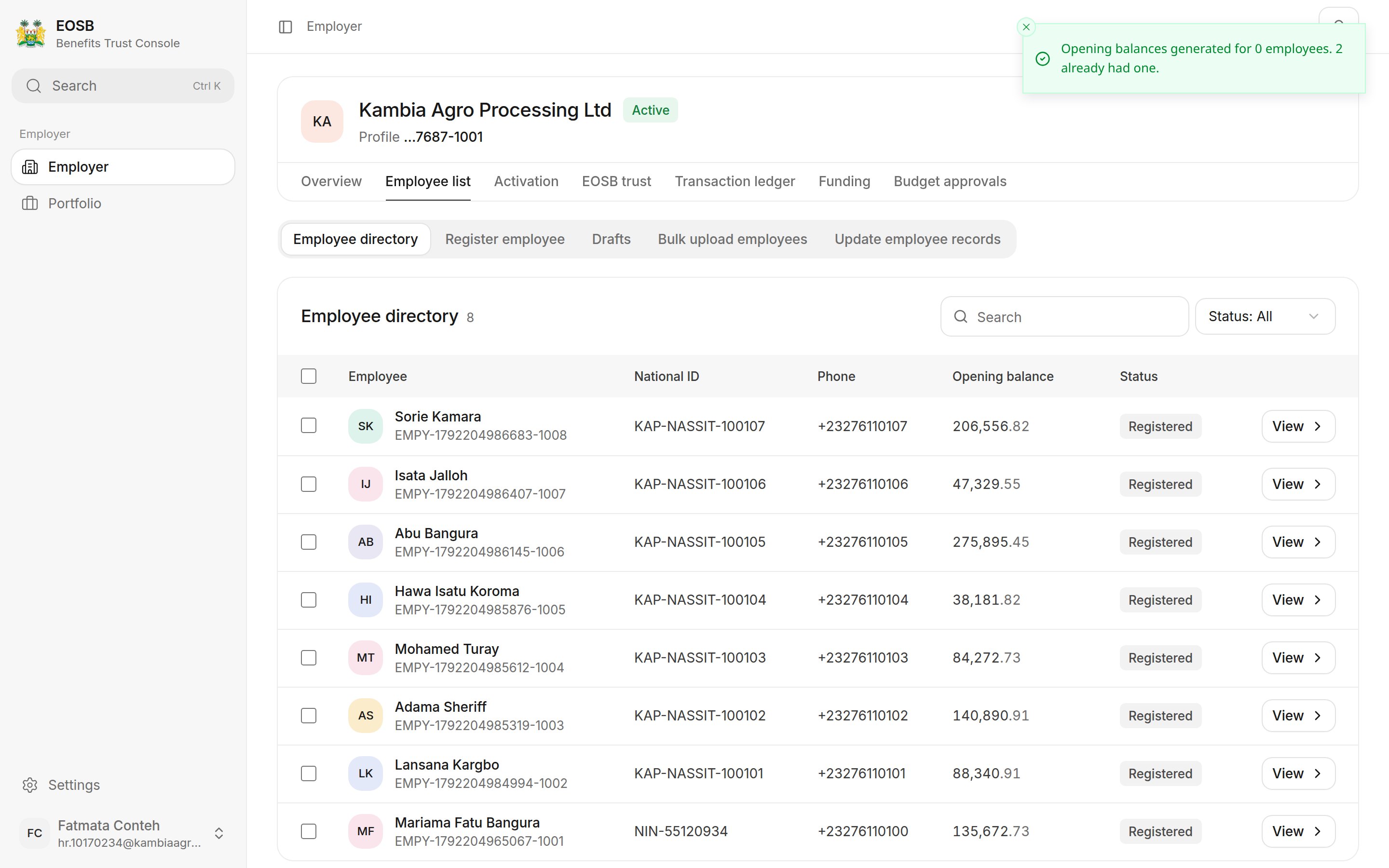 Message: Opening balances generated for 0 employees. 2 already had one.