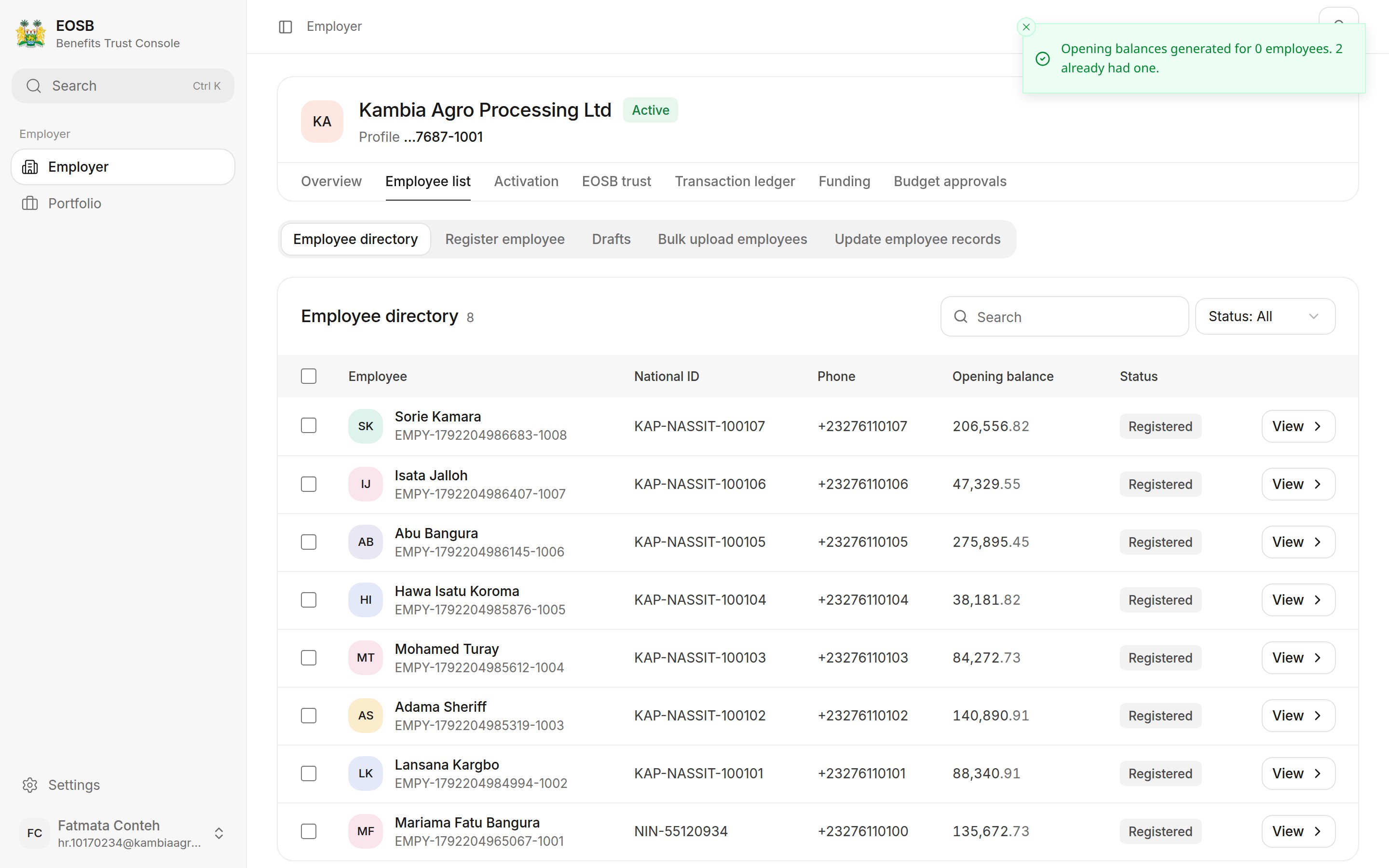 Message: Opening balances generated for 0 employees. 2 already had one.