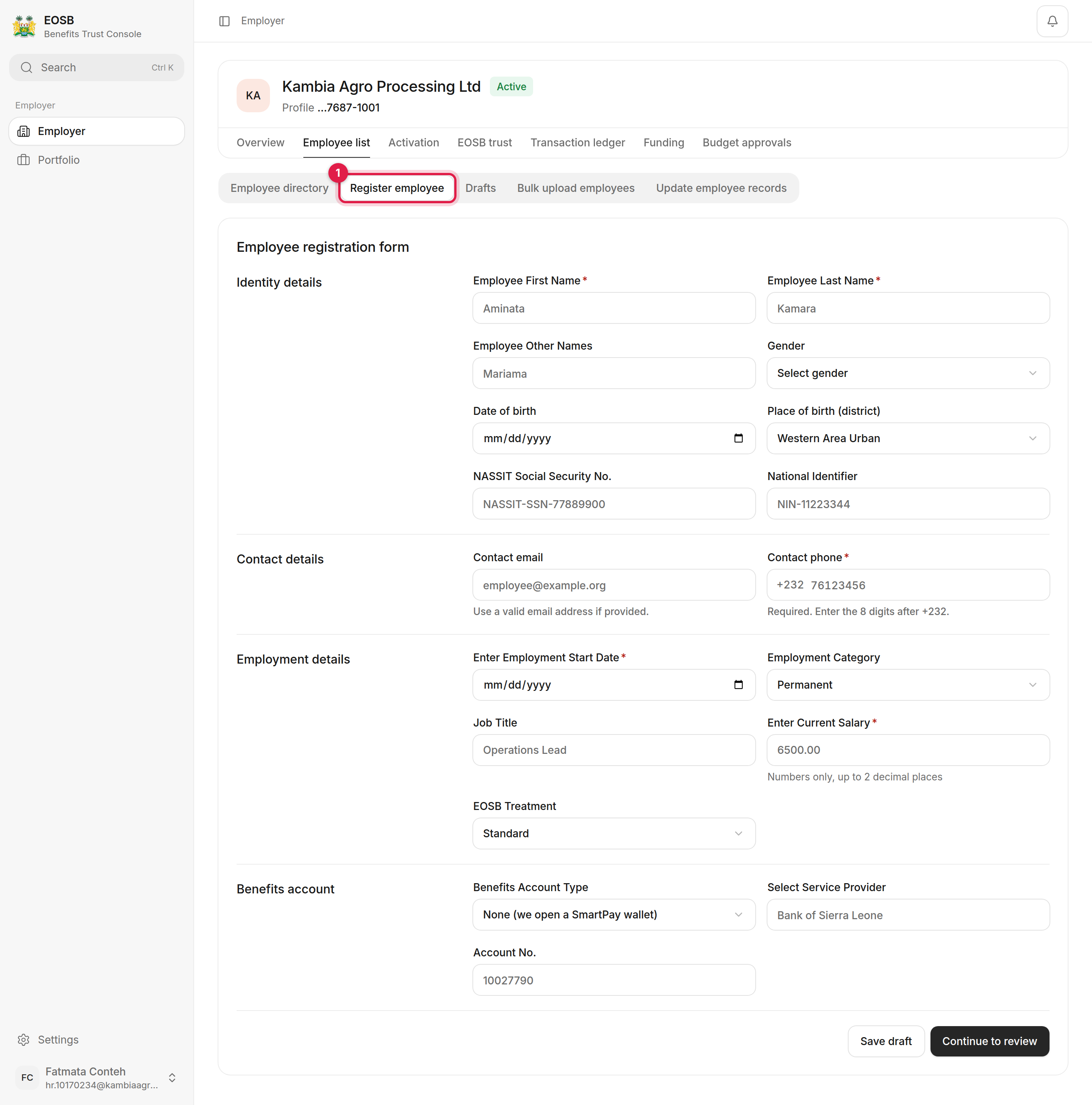 Employee registration form with the Register employee sub-tab marked 1