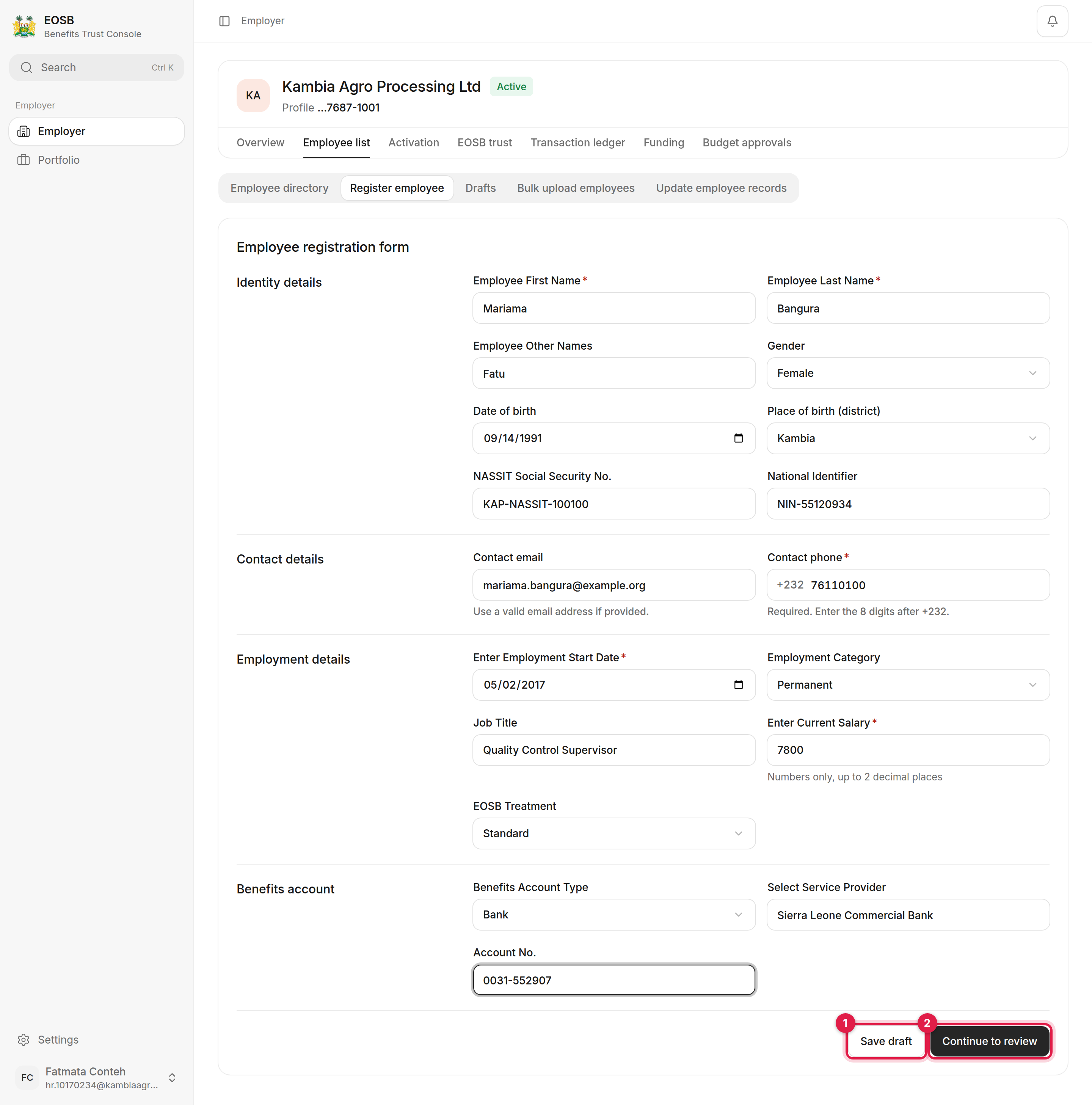Completed employee registration form with Save draft marked 1 and Continue to review marked 2