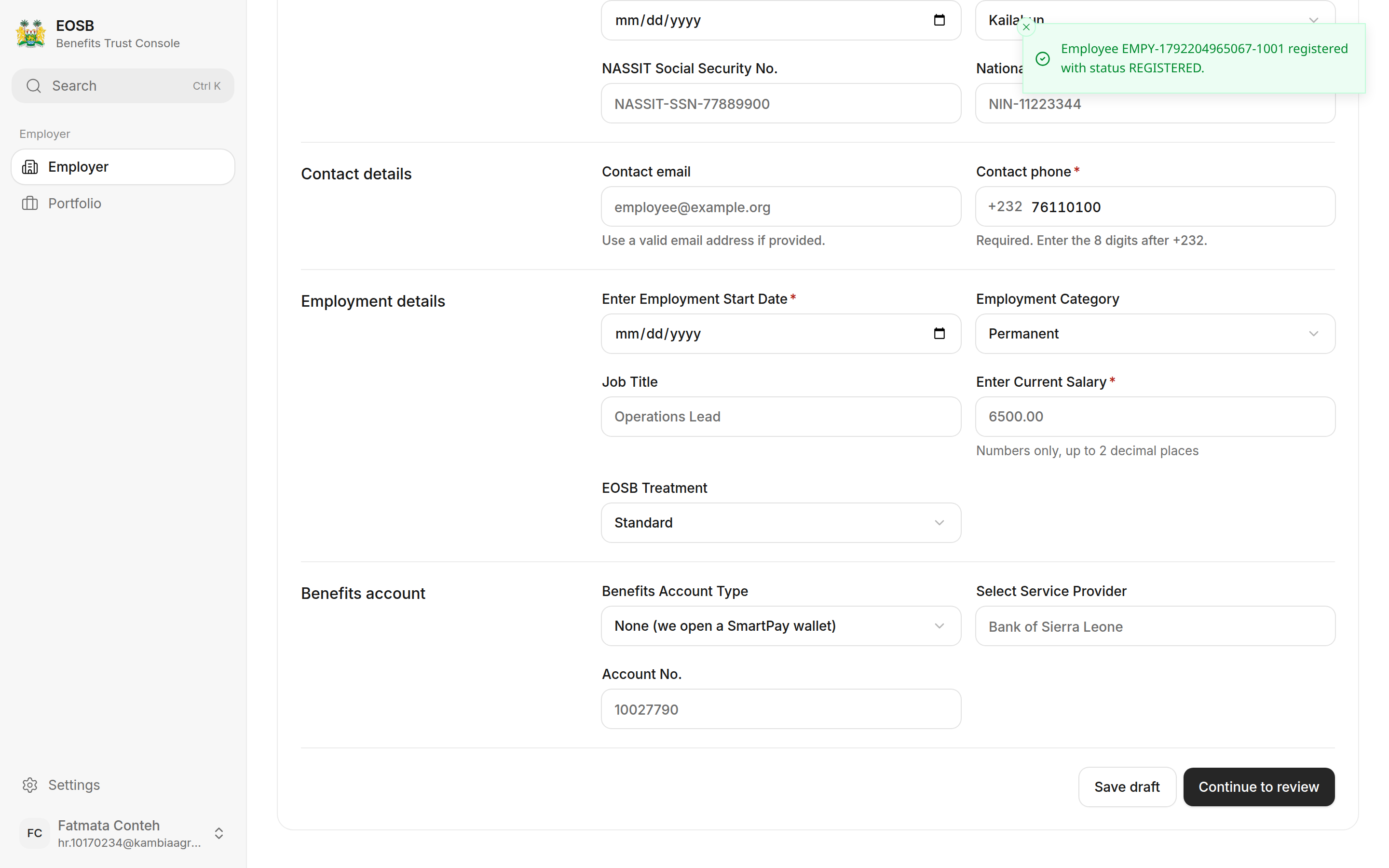 Message: Employee EMPY-1792204965067-1001 registered with status REGISTERED.