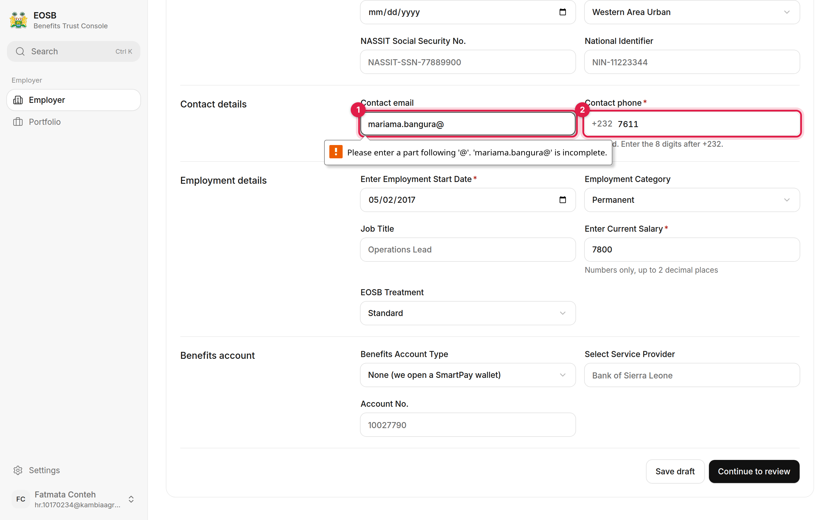 Contact email and Contact phone fields marked 1 and 2, each with its error message underneath