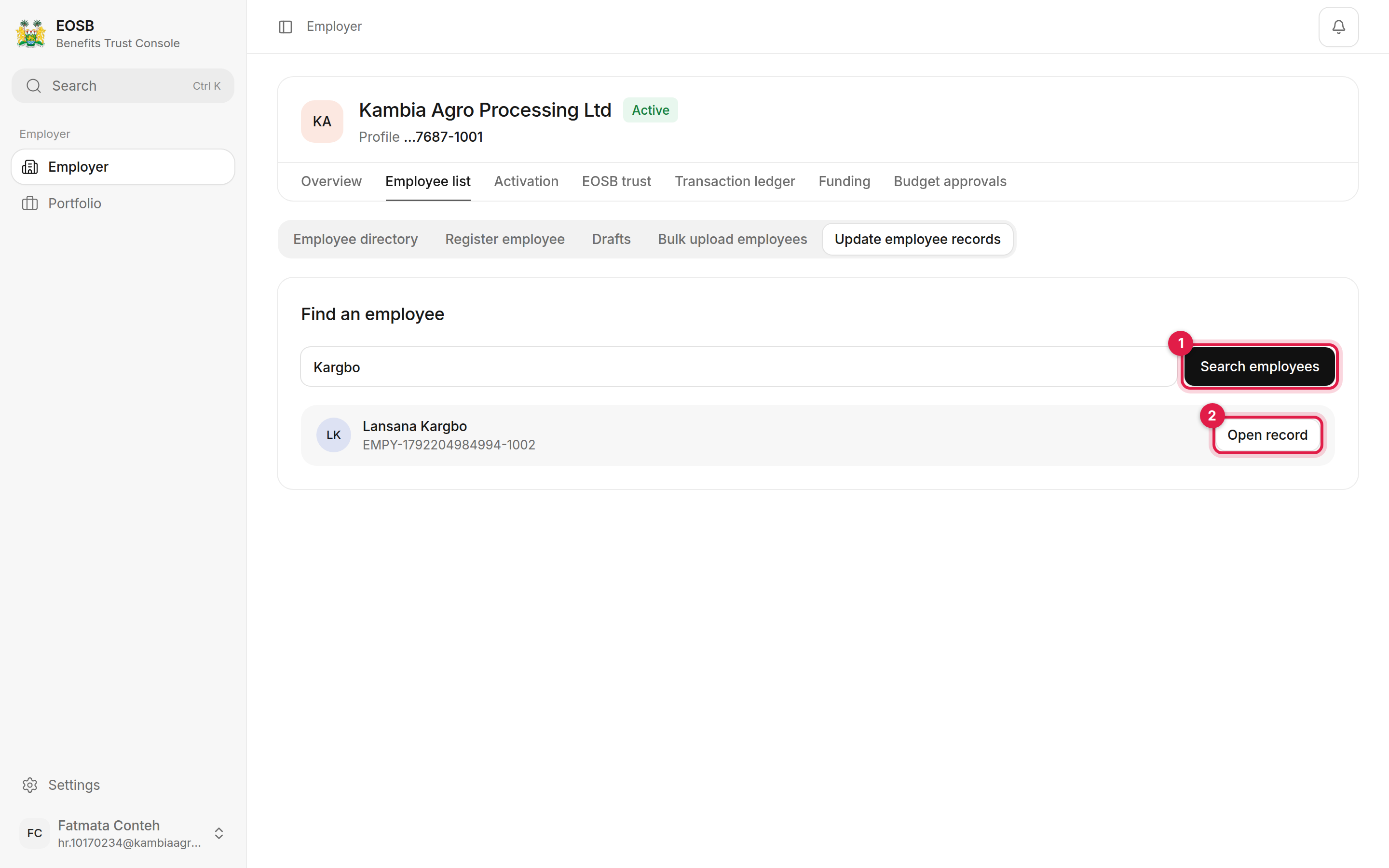 Find an employee: search box with Kargbo, Search employees marked 1 and Open record marked 2