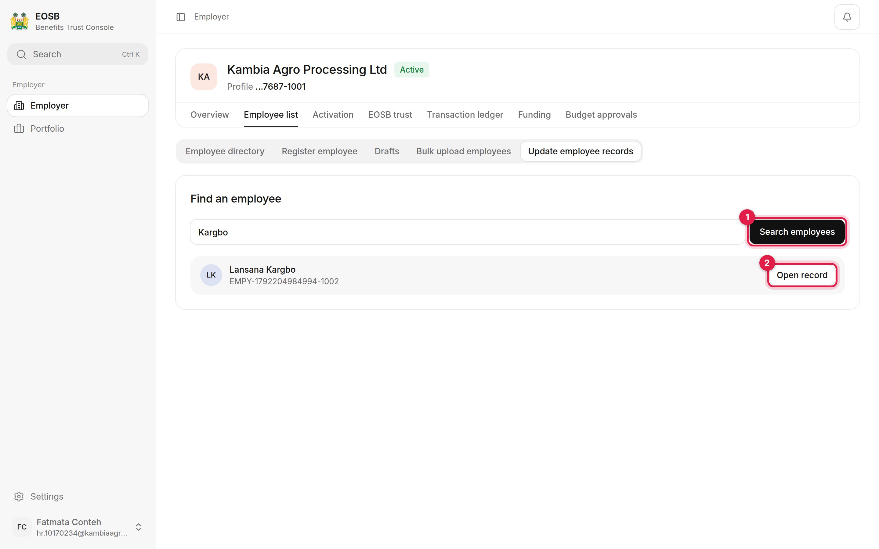 Find an employee: search box with Kargbo, Search employees marked 1 and Open record marked 2