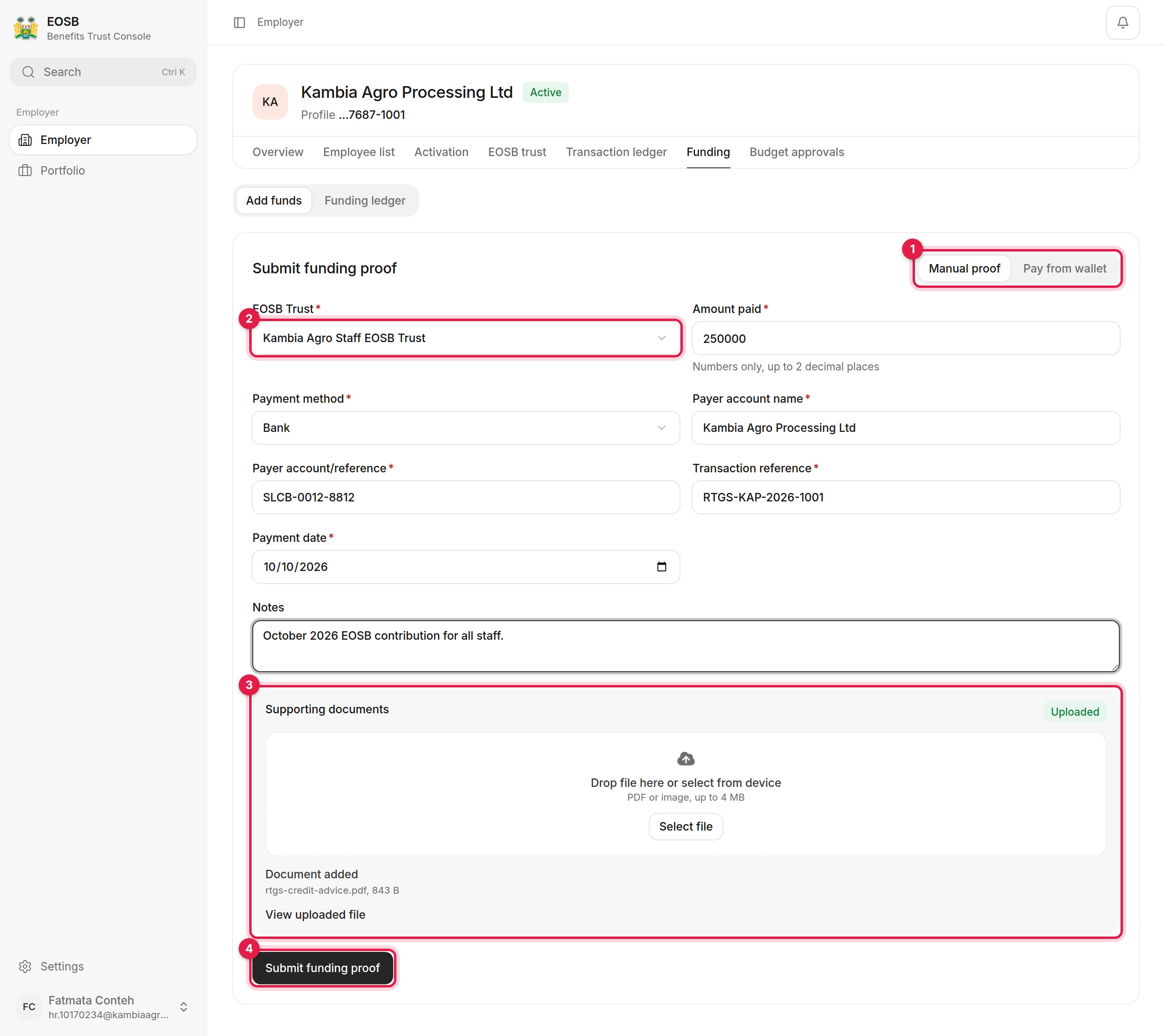 Submit funding proof form with the Manual proof switch, the EOSB Trust field, the uploaded document and the Submit funding proof button marked 1 to 4