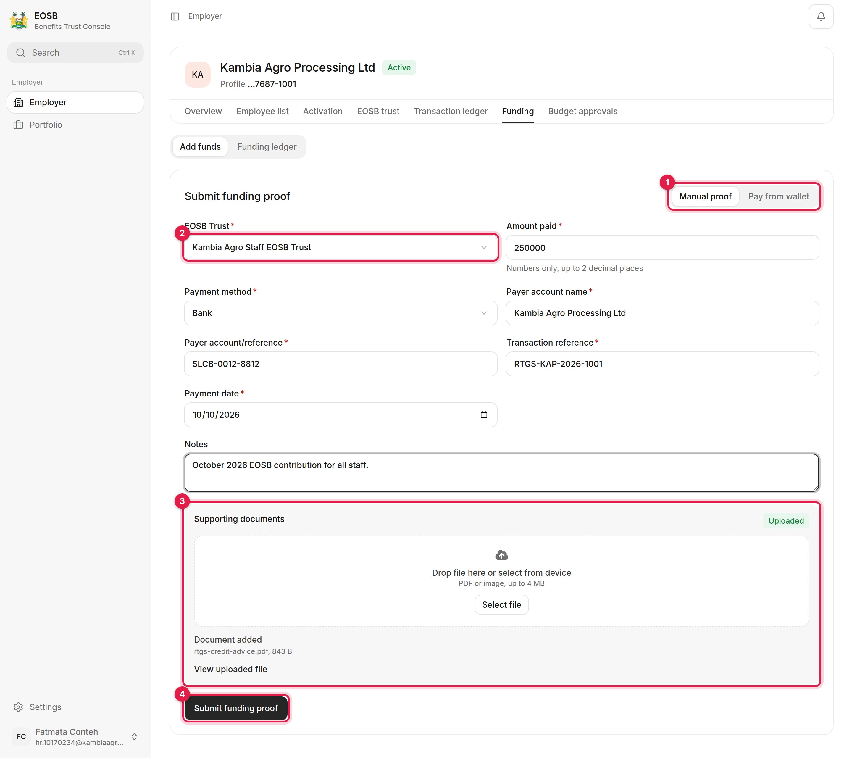 Submit funding proof form with the Manual proof switch, the EOSB Trust field, the uploaded document and the Submit funding proof button marked 1 to 4
