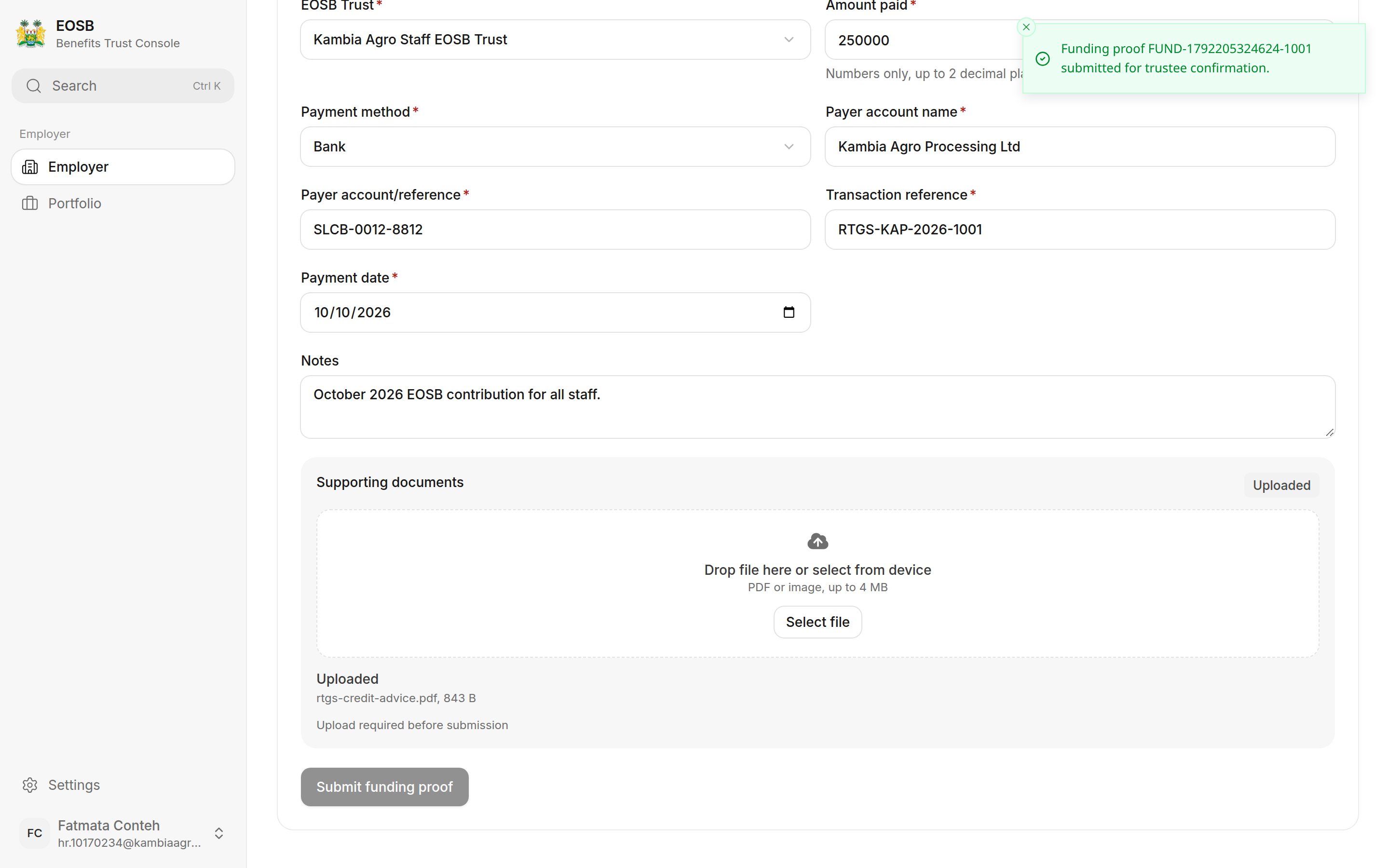 Message: Funding proof FUND-1792205324624-1001 submitted for trustee confirmation.