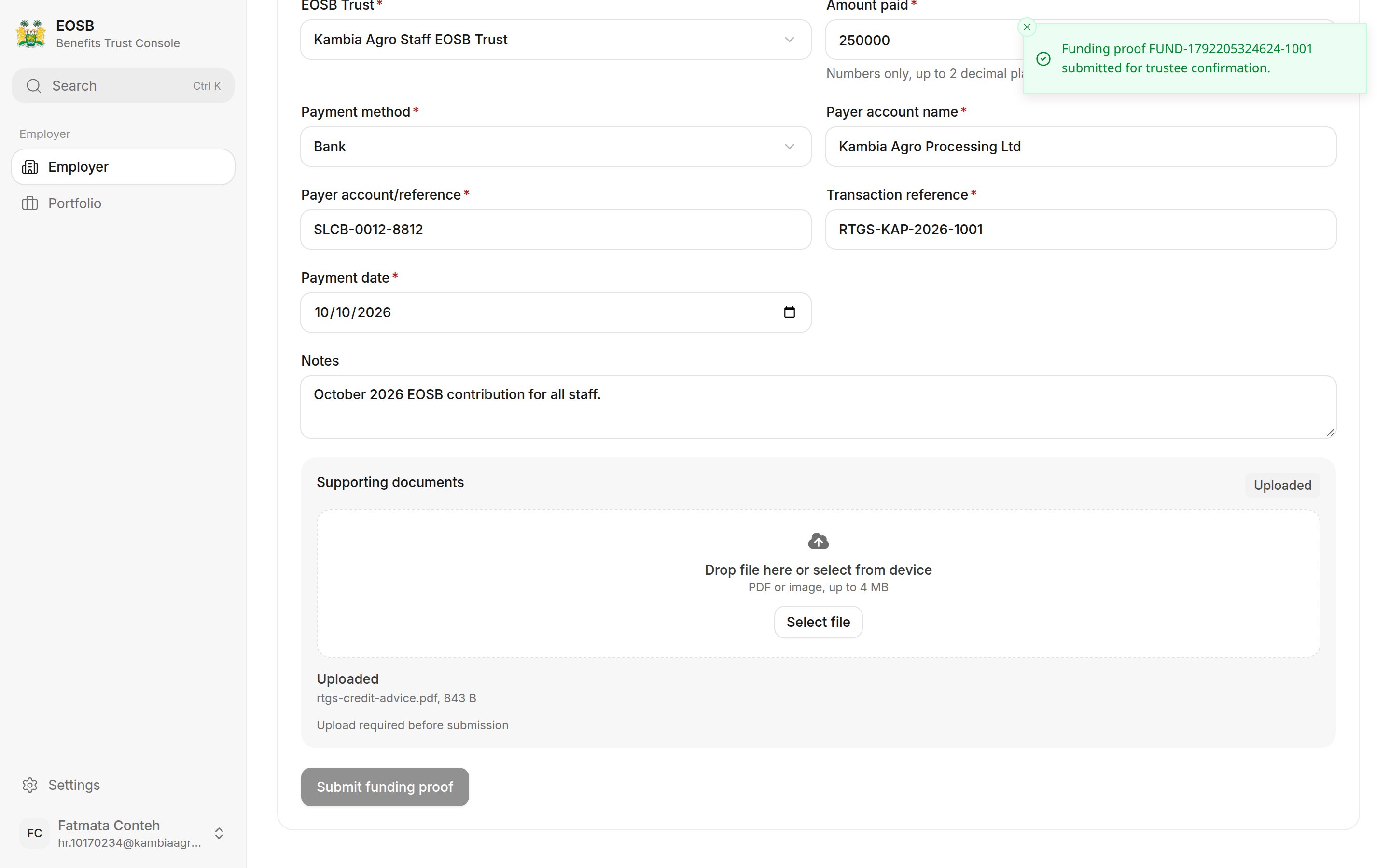 Message: Funding proof FUND-1792205324624-1001 submitted for trustee confirmation.