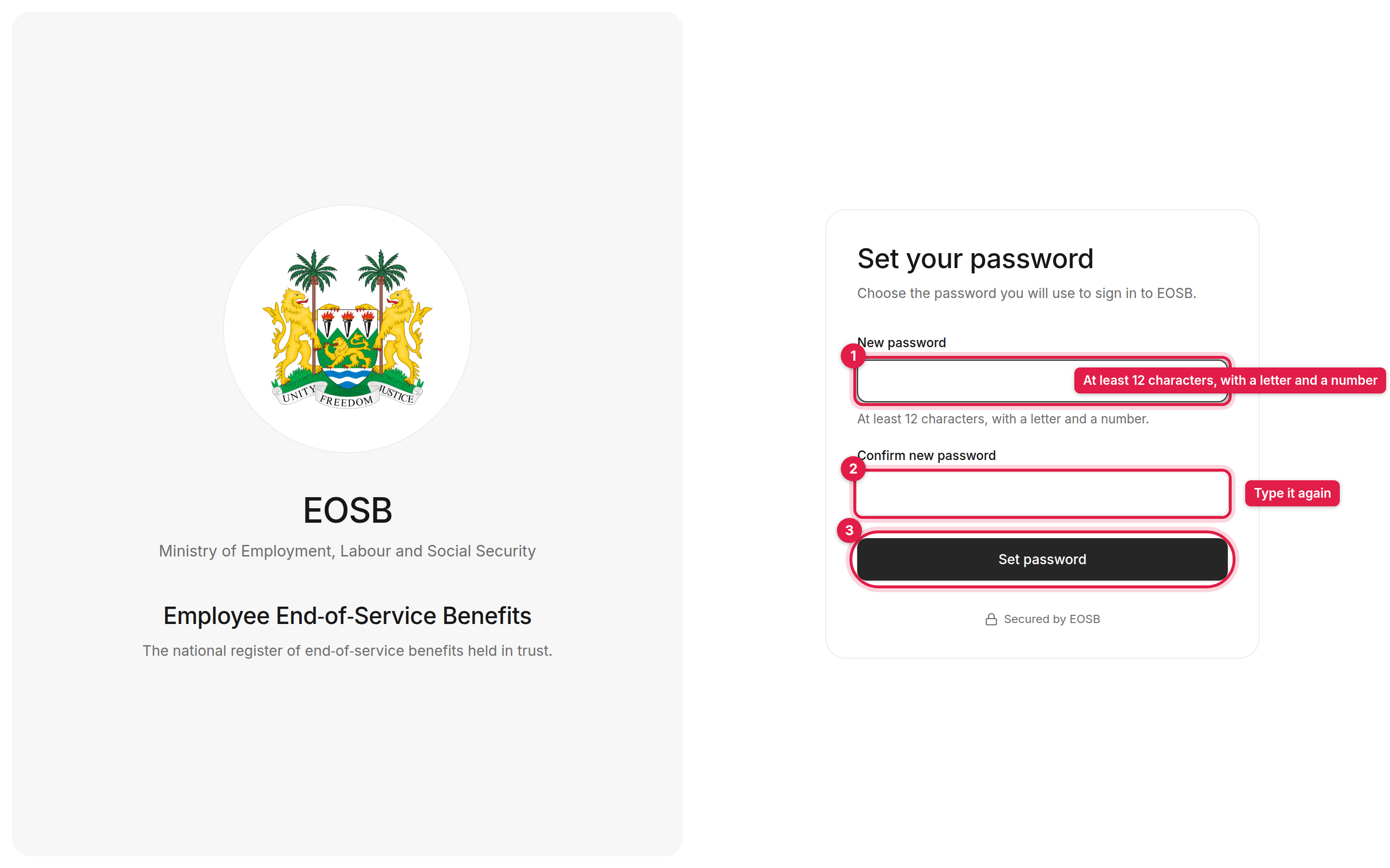 Set your password page with the new password field, confirm field and Set password button marked 1 to 3