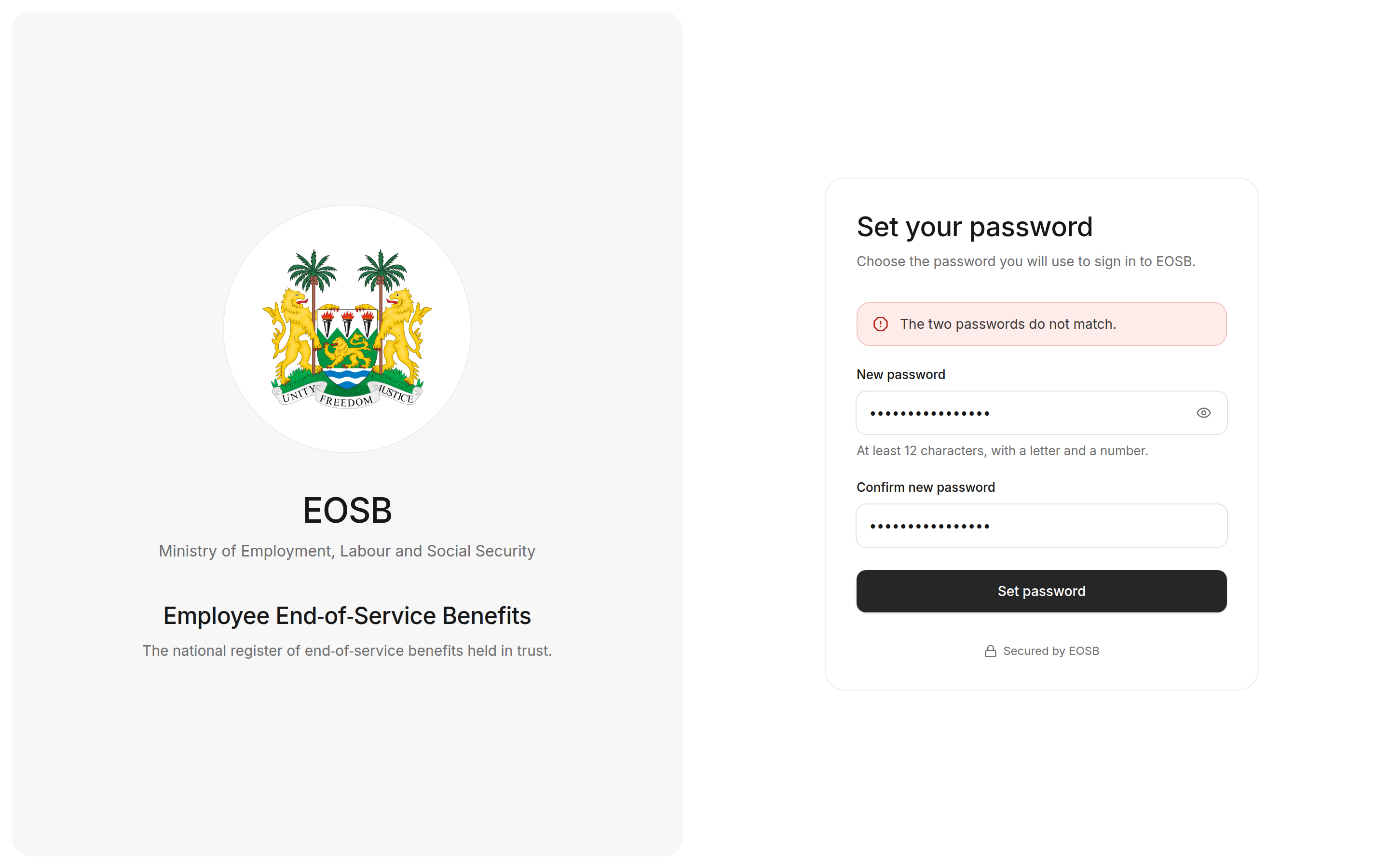 Error: The two passwords do not match