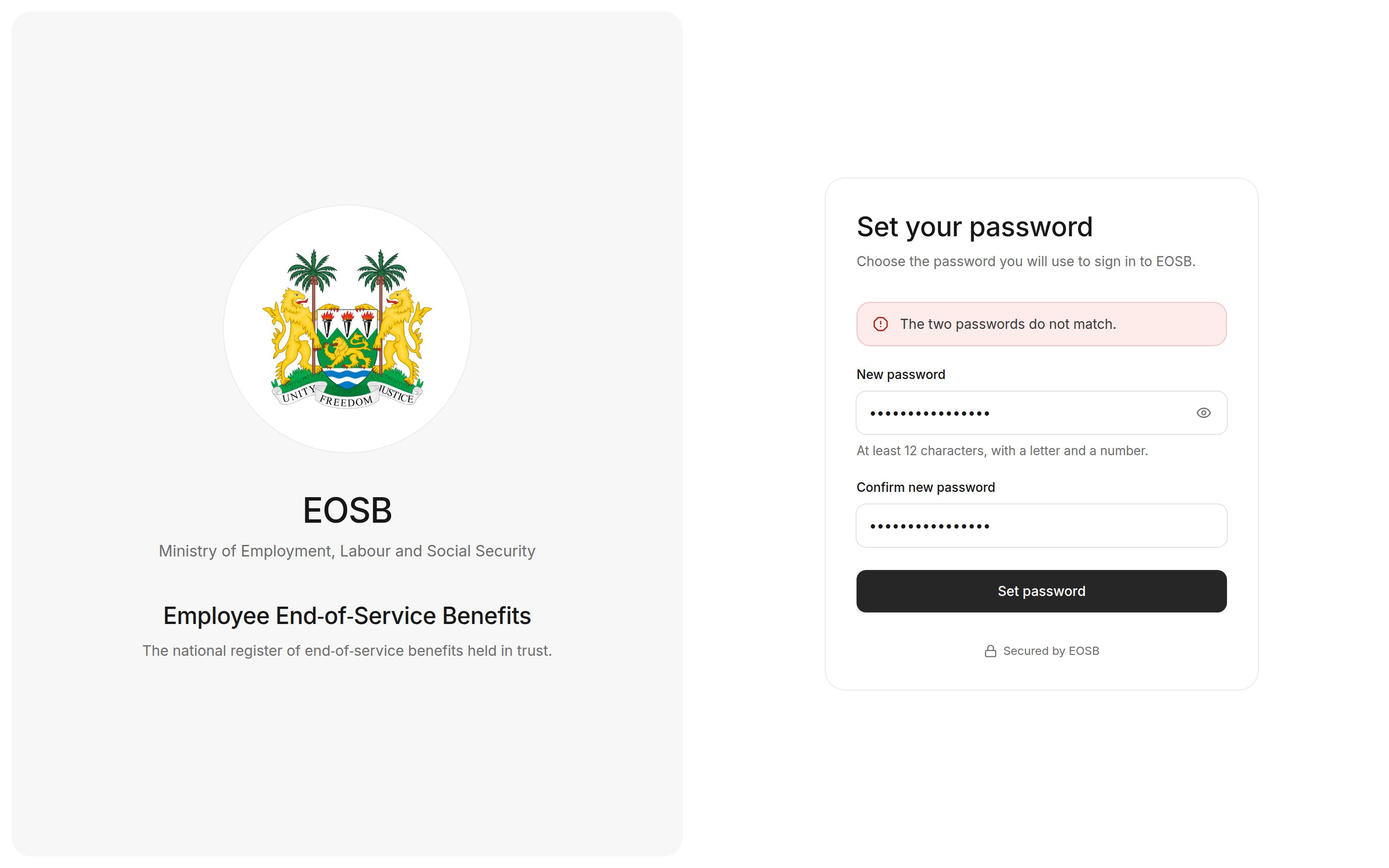 Error: The two passwords do not match