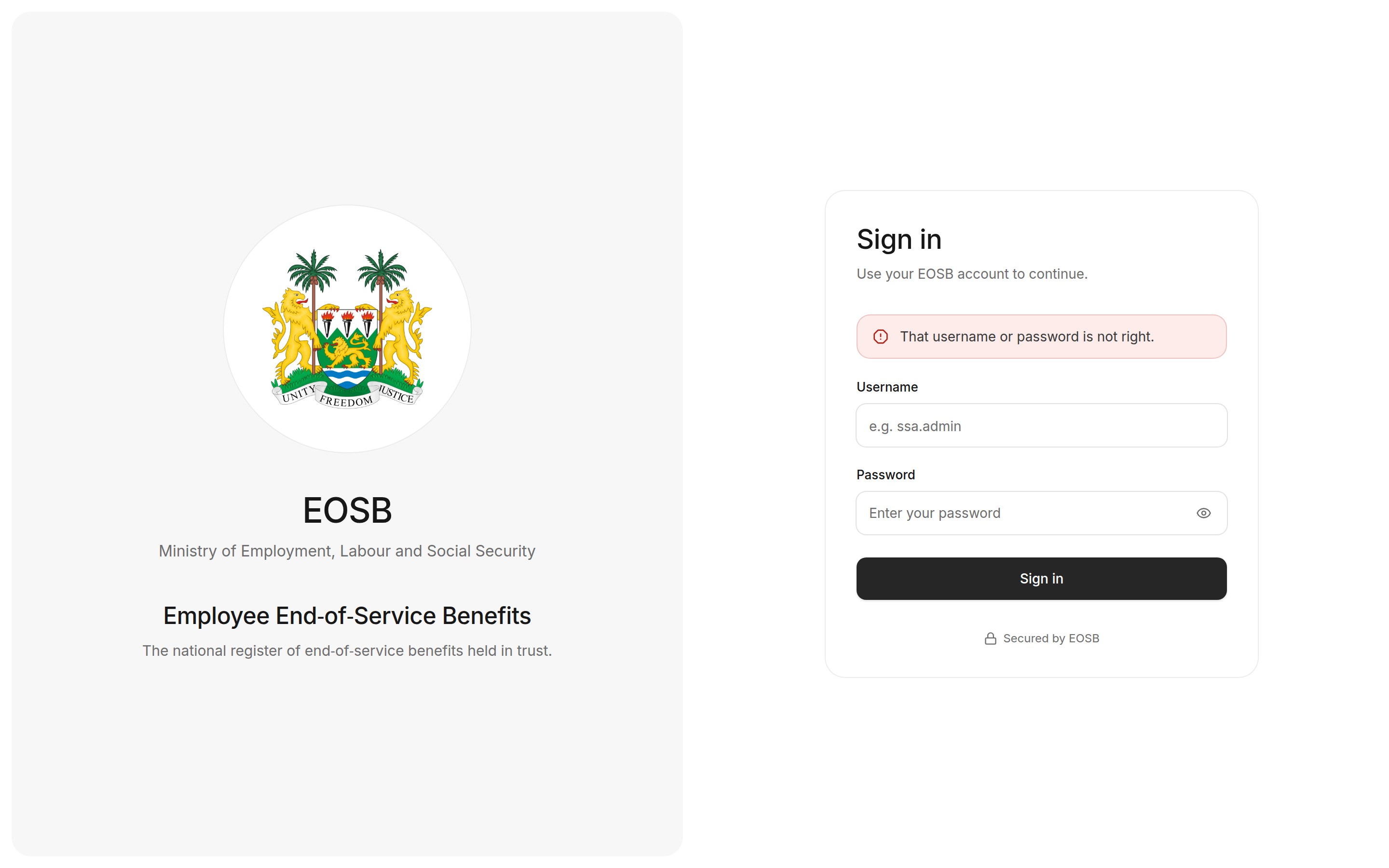 Sign-in page showing the error That username or password is not right.